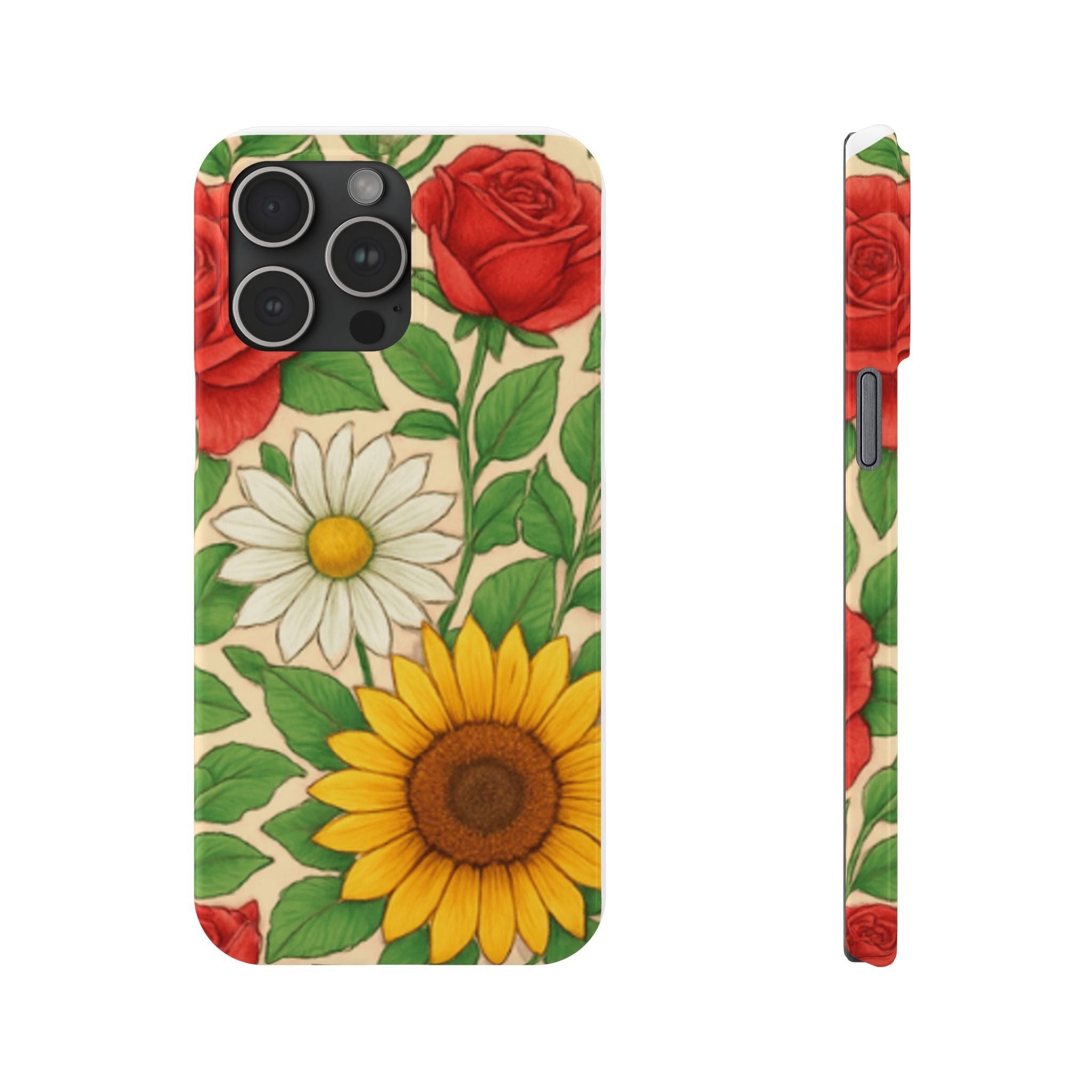 Floral Sunflower, Daisy & Rose Slim Phone Case — Vintage Botanical Pattern