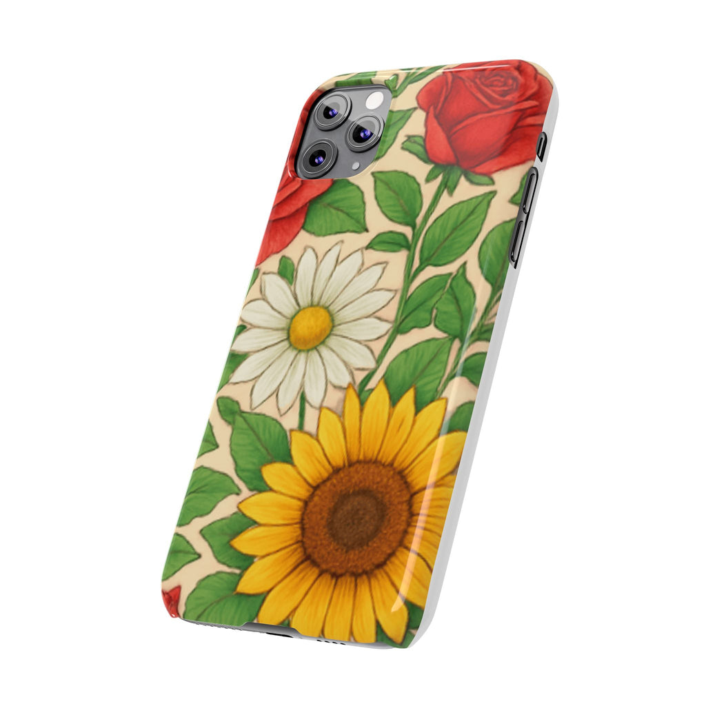 Floral Sunflower, Daisy & Rose Slim Phone Case — Vintage Botanical Pattern