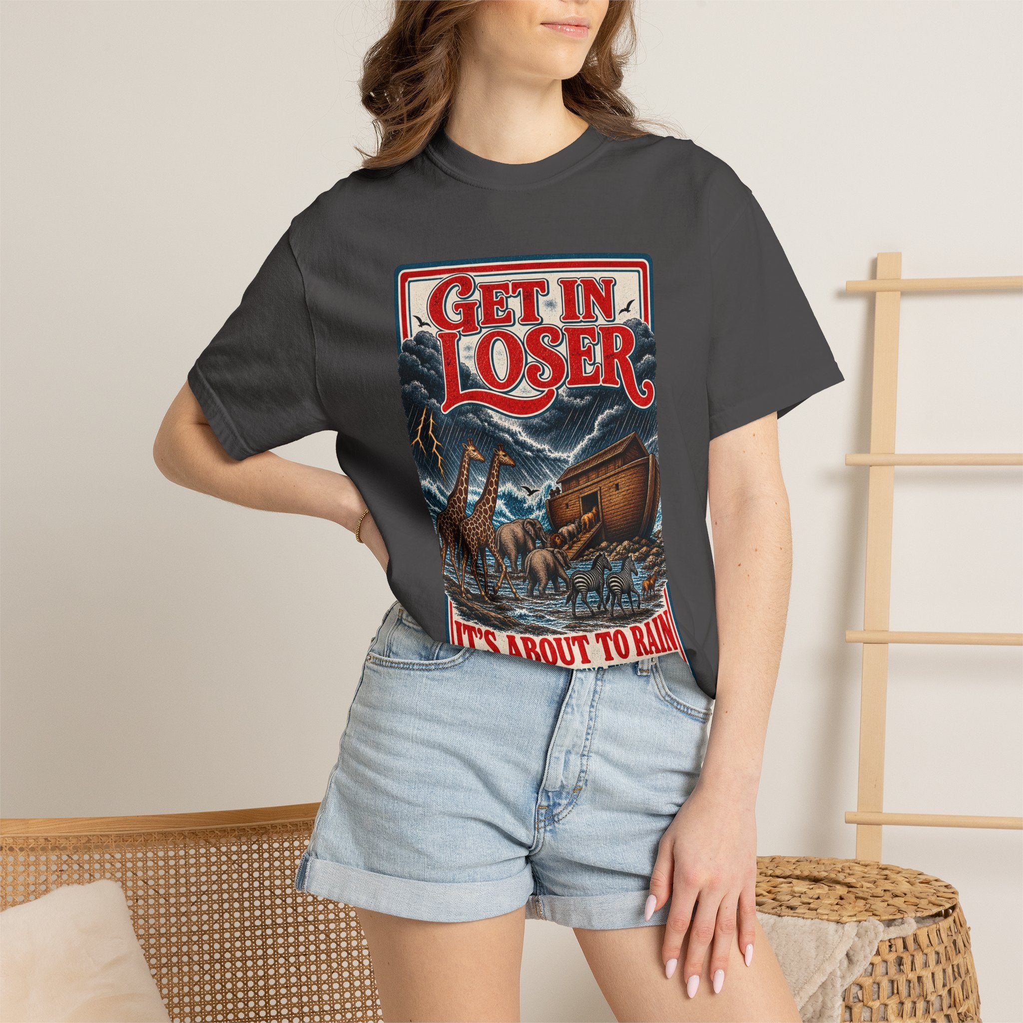 Get In Loser Noah's Ark Graphic T-Shirt — "It's About to Rain" Vintage Rescue Tee