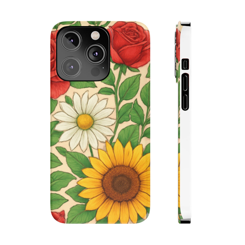 Floral Sunflower, Daisy & Rose Slim Phone Case — Vintage Botanical Pattern