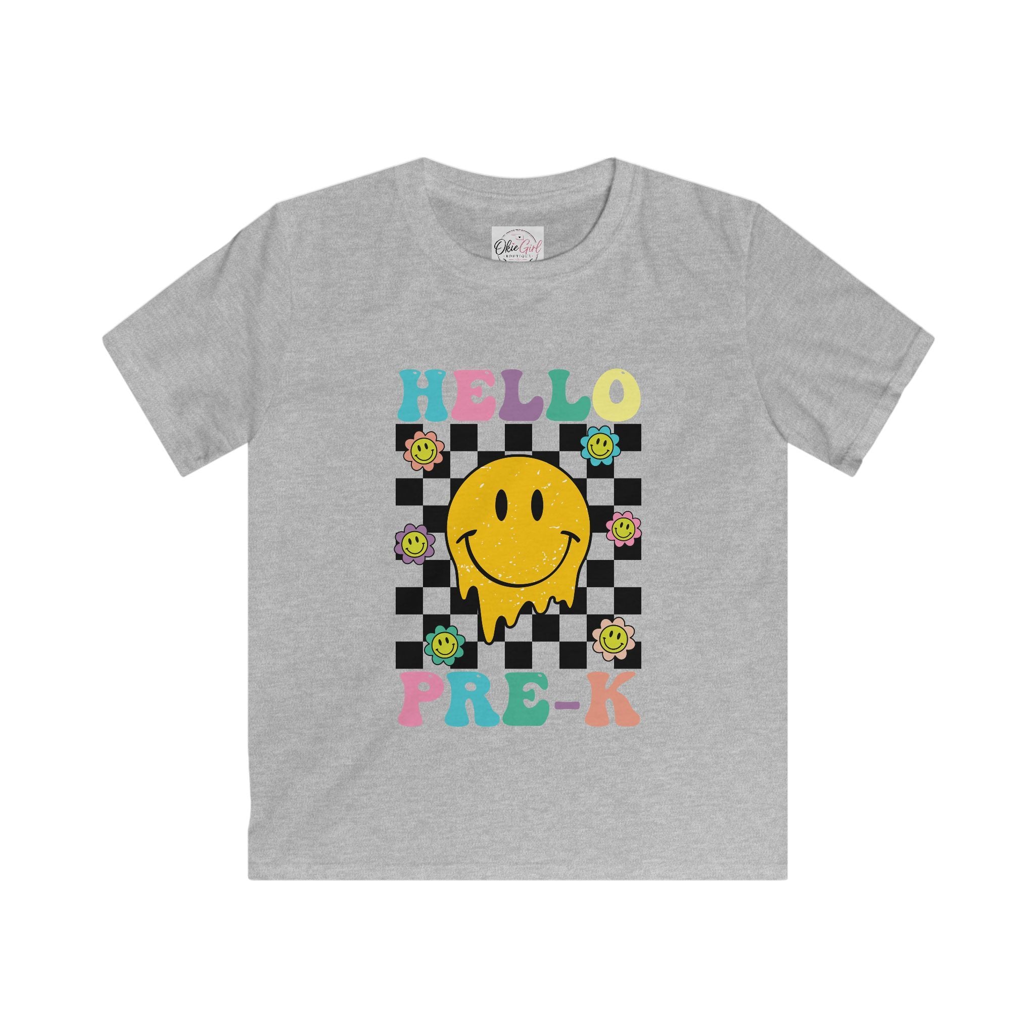 Hello Pre-K Kids T-Shirt — Colorful Smiley Checkerboard Preschool Tee