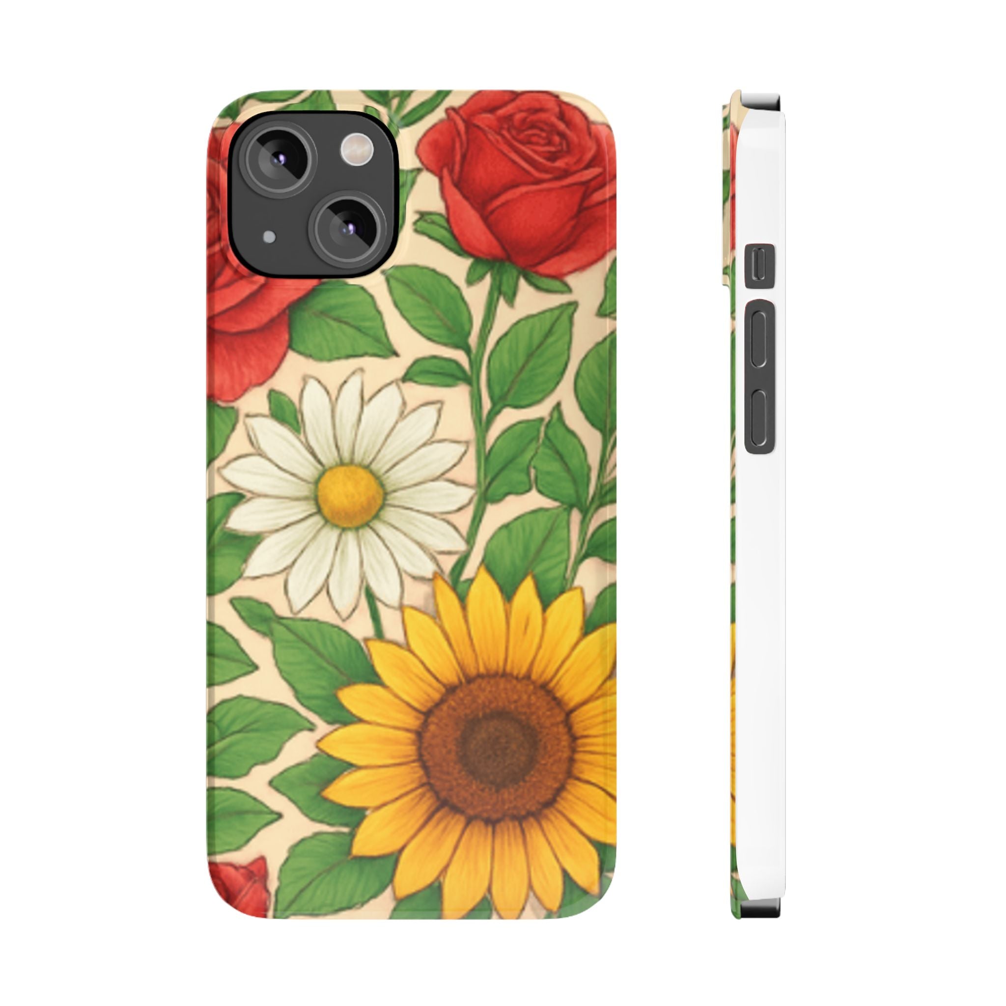Floral Sunflower, Daisy & Rose Slim Phone Case — Vintage Botanical Pattern
