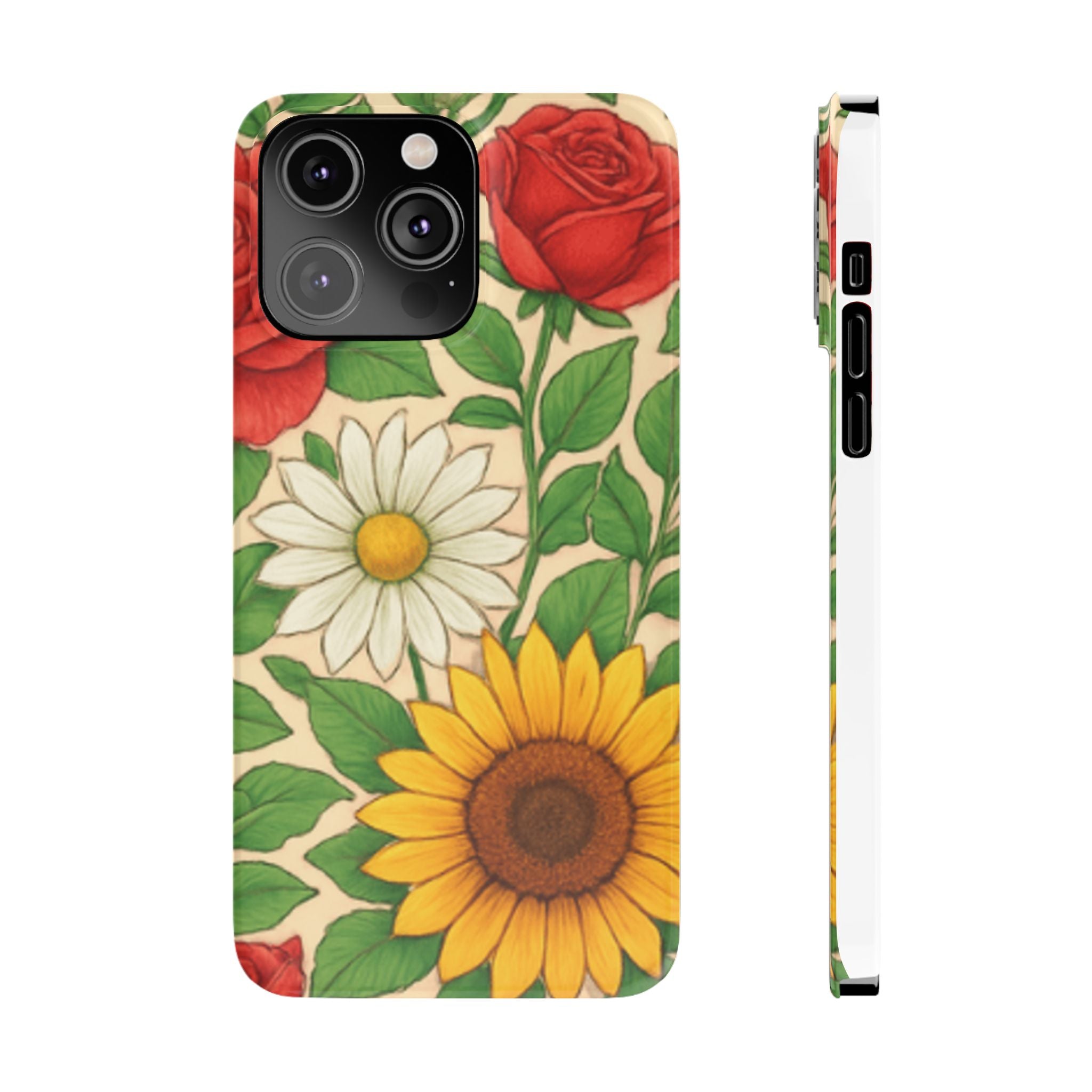 Floral Sunflower, Daisy & Rose Slim Phone Case — Vintage Botanical Pattern
