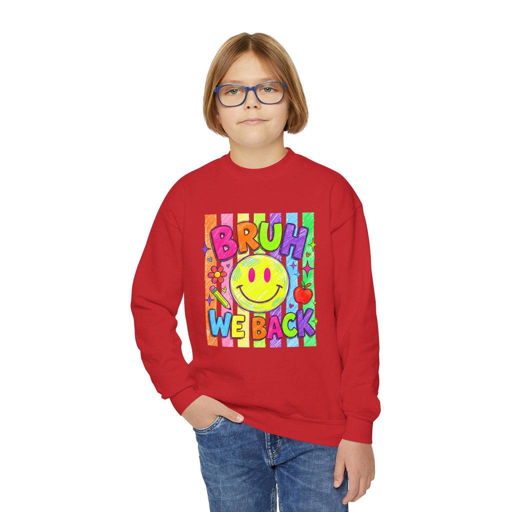 Youth Crewneck Sweatshirt — "Bruh We Back" Retro Smiley Graphic