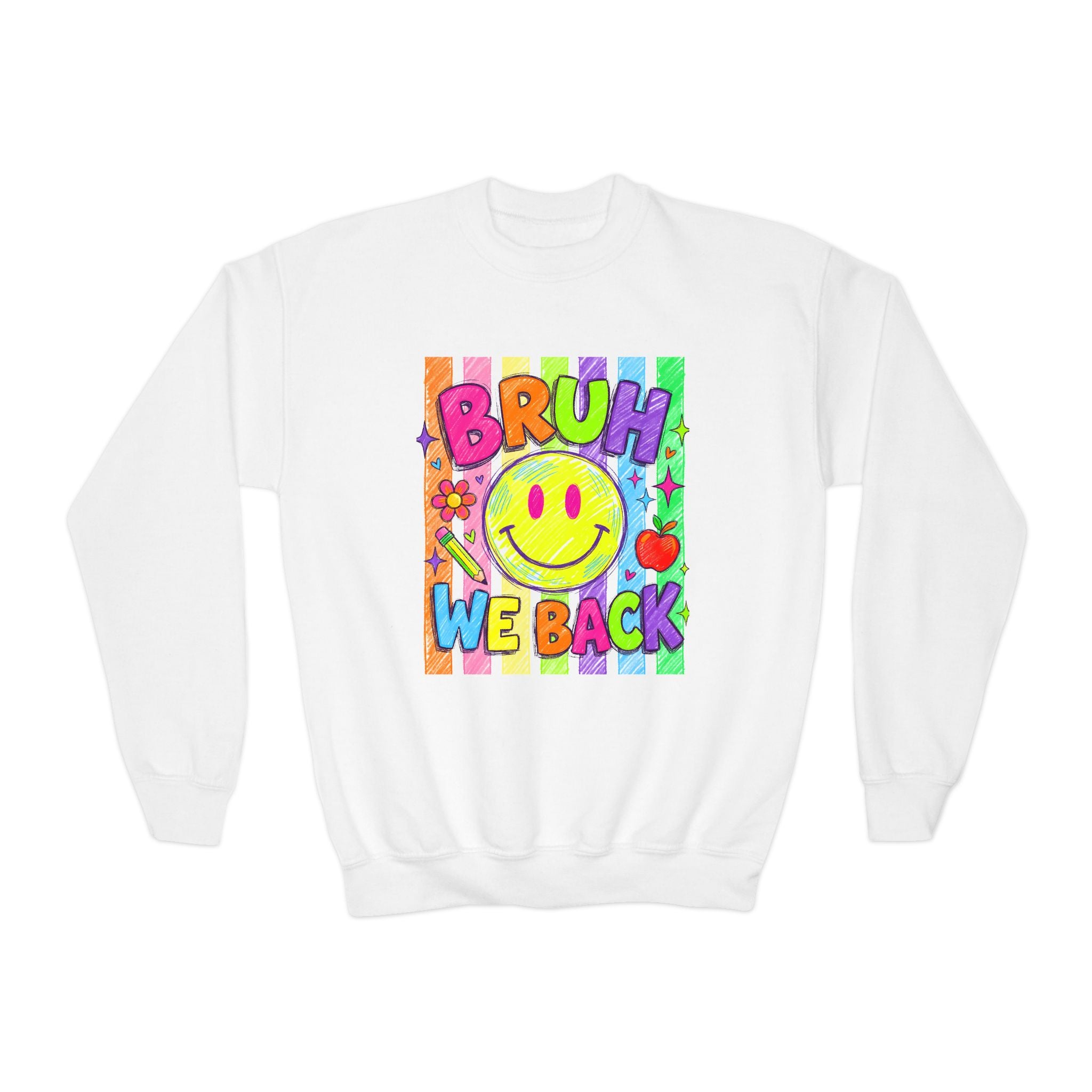 Youth Crewneck Sweatshirt — "Bruh We Back" Retro Smiley Graphic