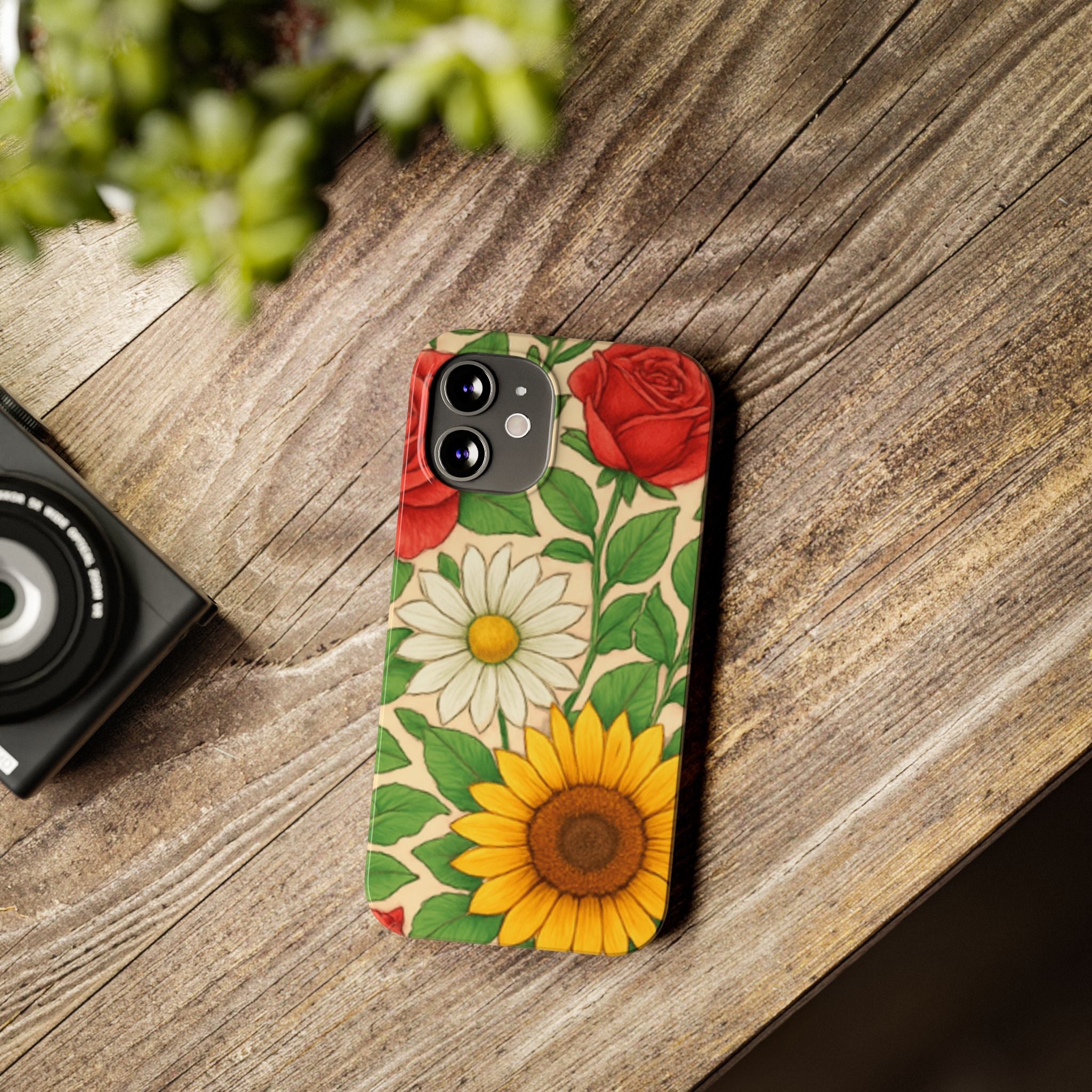 Floral Sunflower, Daisy & Rose Slim Phone Case — Vintage Botanical Pattern