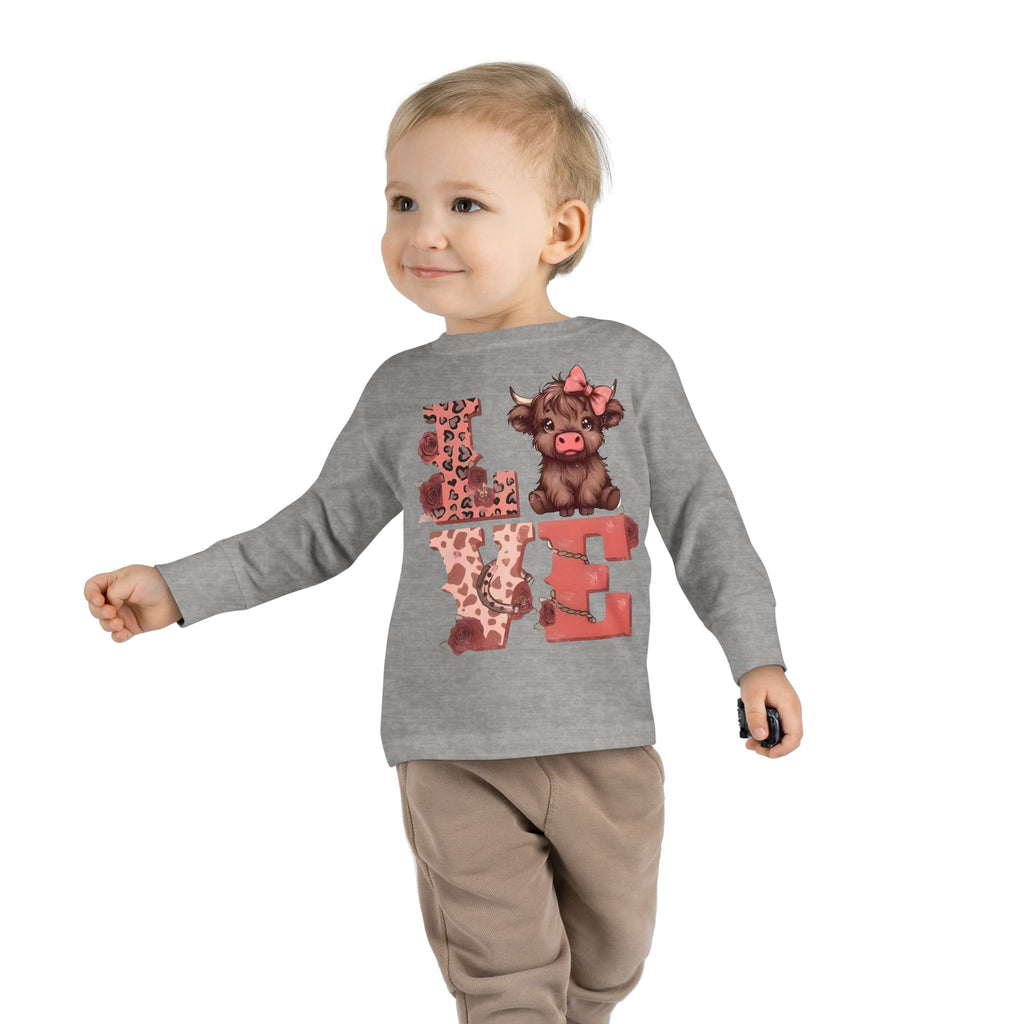 Love Cow Toddler Long Sleeve Tee — Cute Farm Animal Heart Design