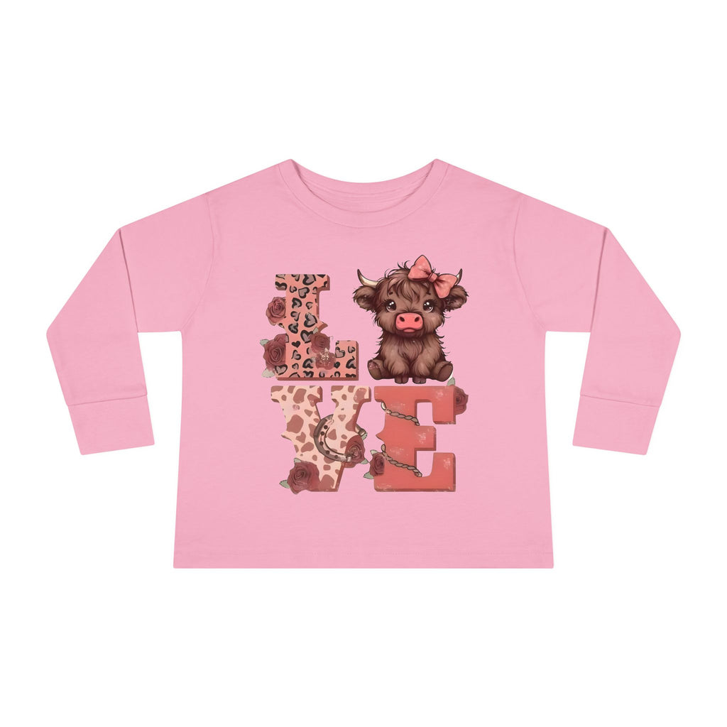 Love Cow Toddler Long Sleeve Tee — Cute Farm Animal Heart Design