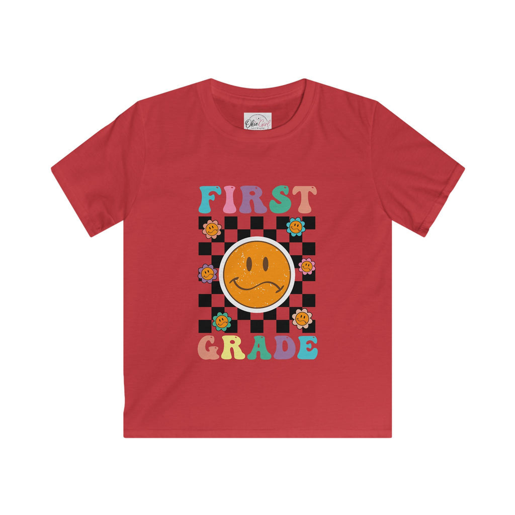 First Grade Kids T‑Shirt — Retro Checker Smiley Back to School Tee