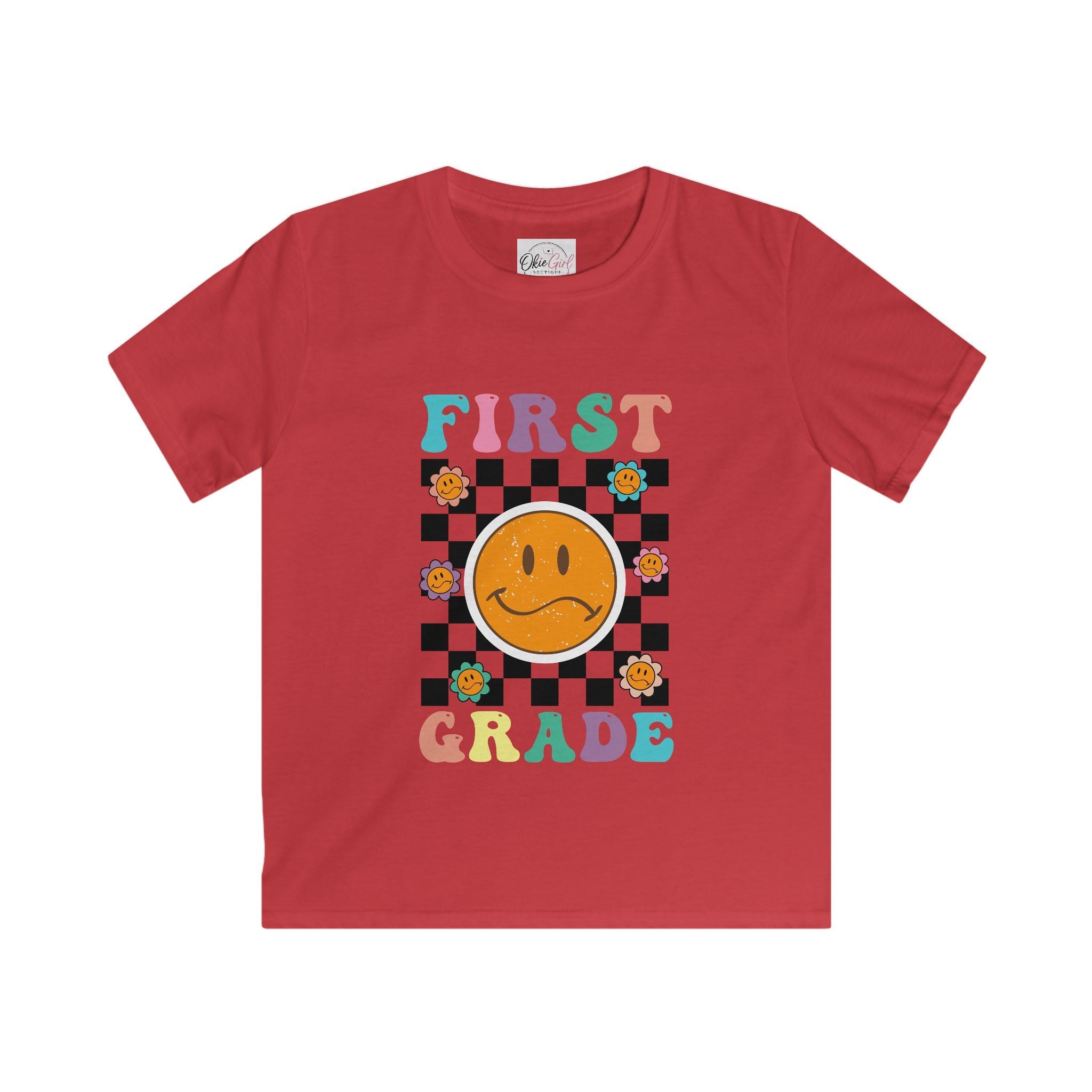 First Grade Kids T‑Shirt — Retro Checker Smiley Back to School Tee