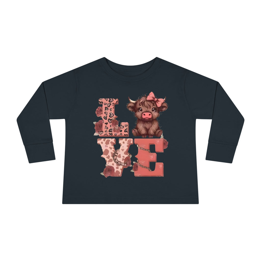 Love Cow Toddler Long Sleeve Tee — Cute Farm Animal Heart Design