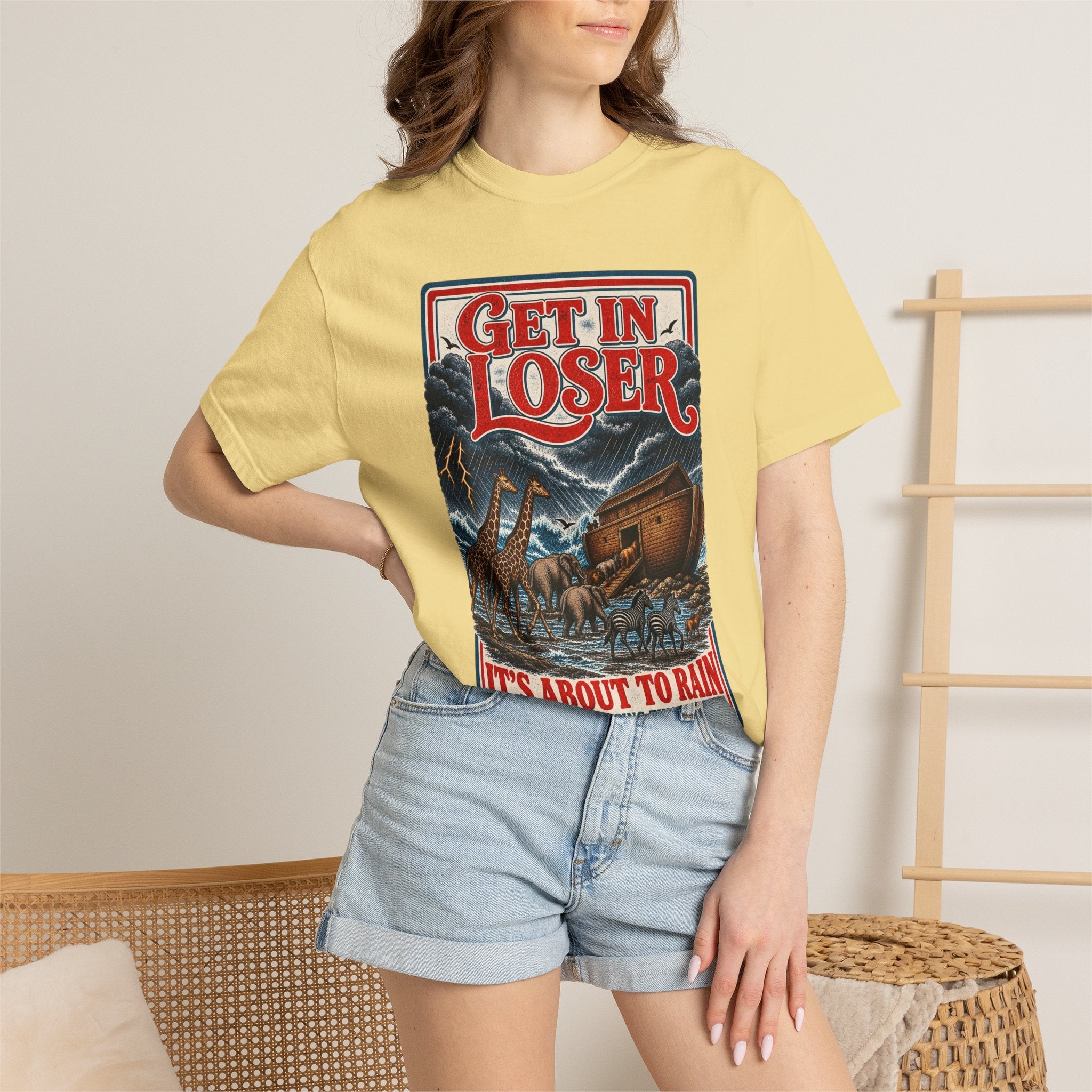 Get In Loser Noah's Ark Graphic T-Shirt — "It's About to Rain" Vintage Rescue Tee