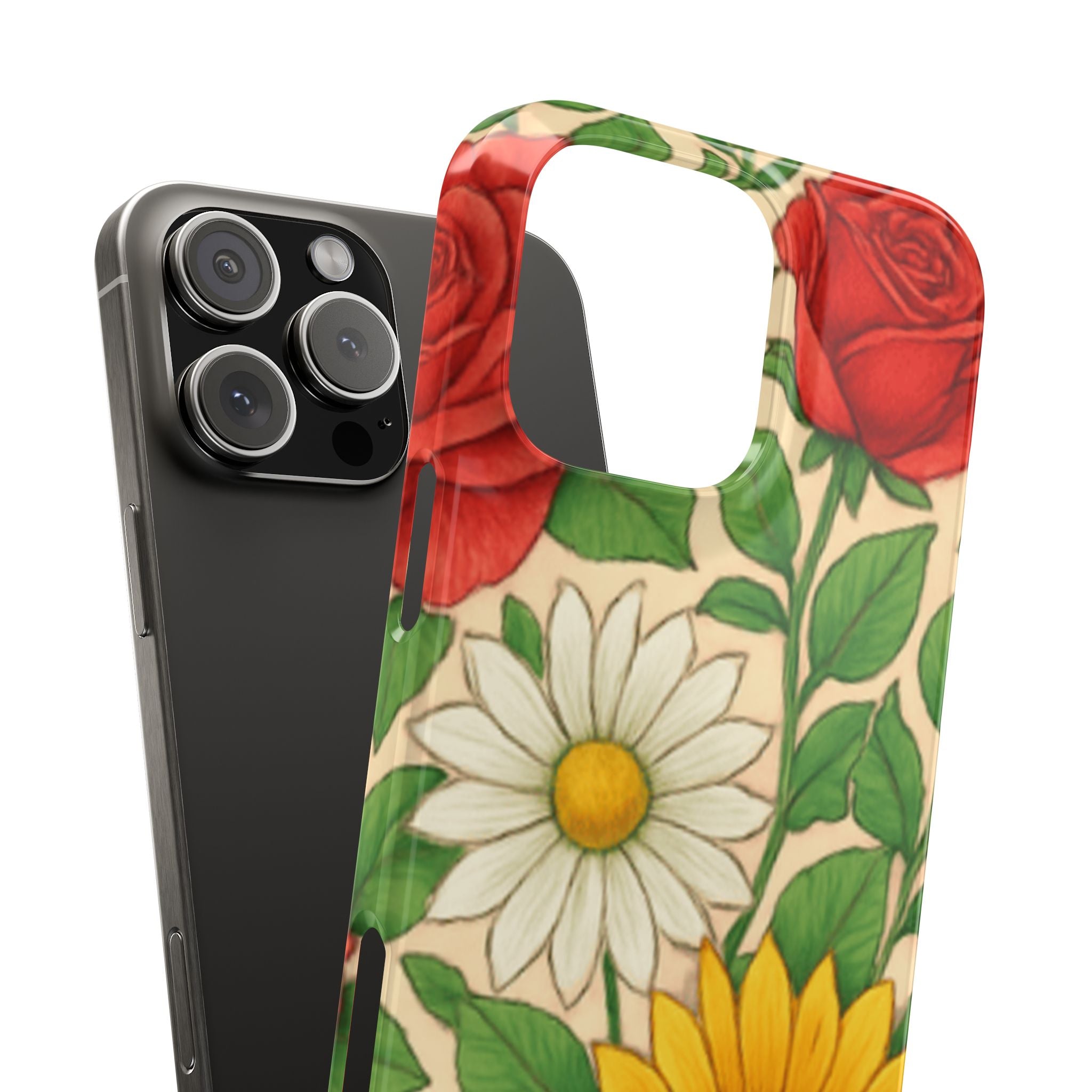 Floral Sunflower, Daisy & Rose Slim Phone Case — Vintage Botanical Pattern