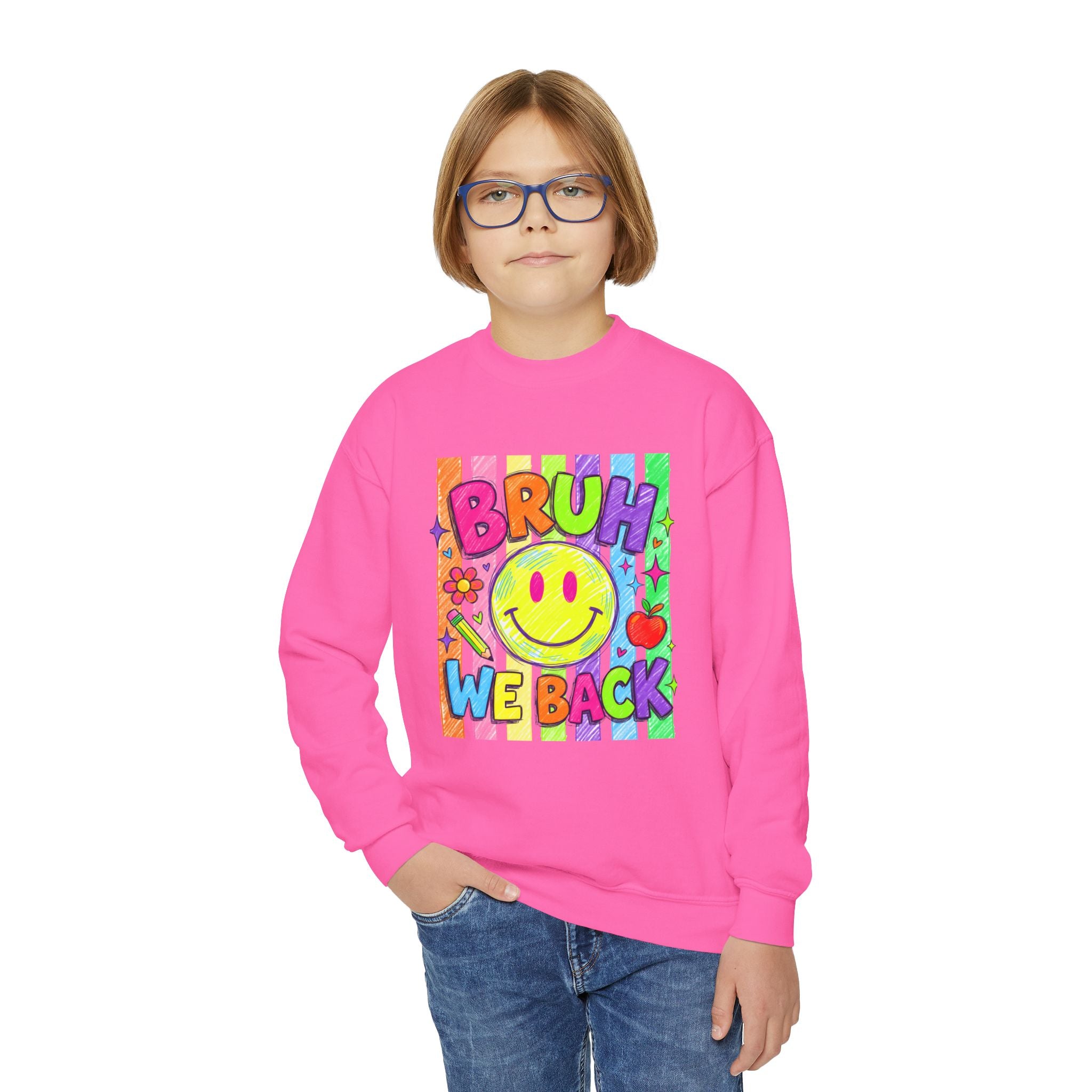 Youth Crewneck Sweatshirt — "Bruh We Back" Retro Smiley Graphic