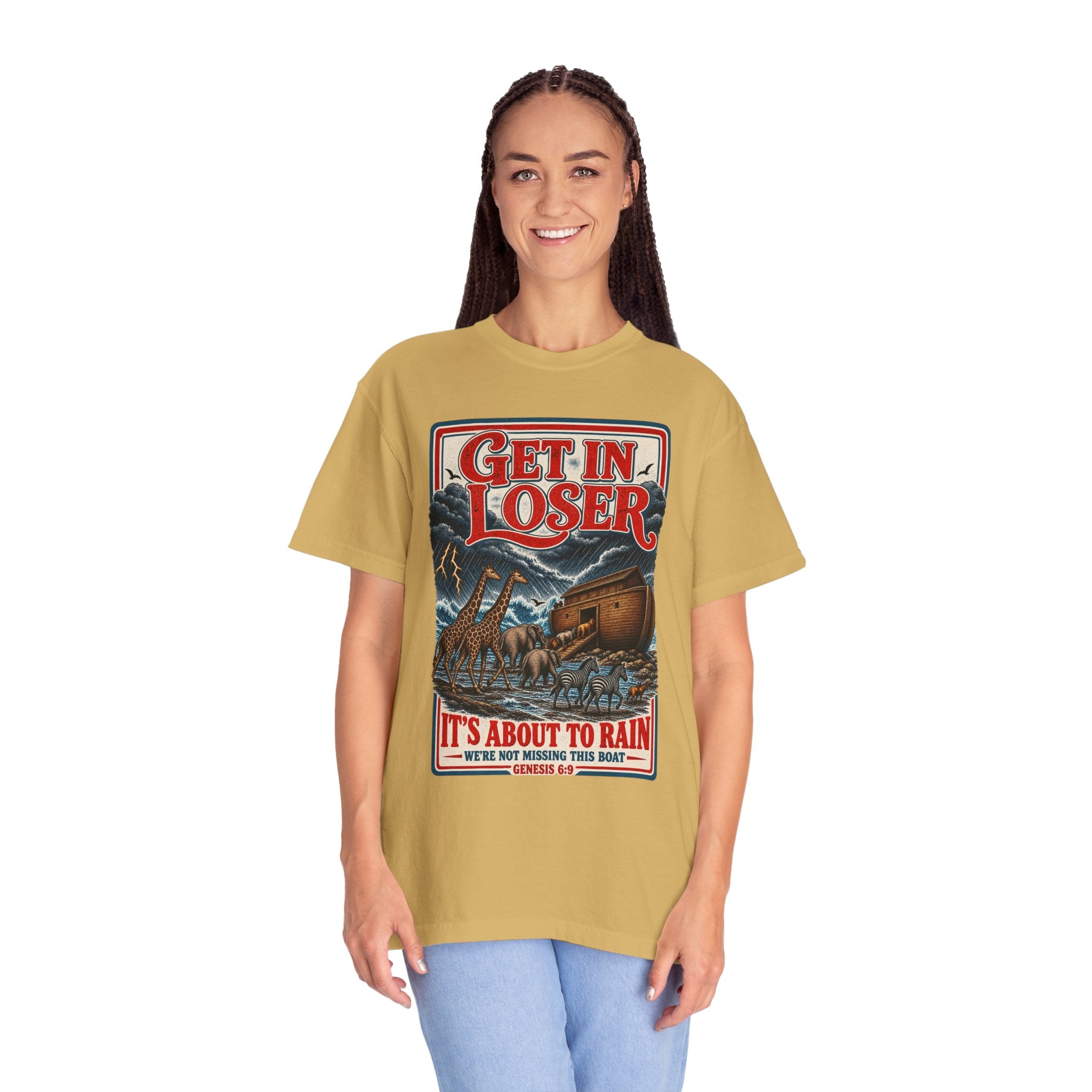 Get In Loser Noah's Ark Graphic T-Shirt — "It's About to Rain" Vintage Rescue Tee