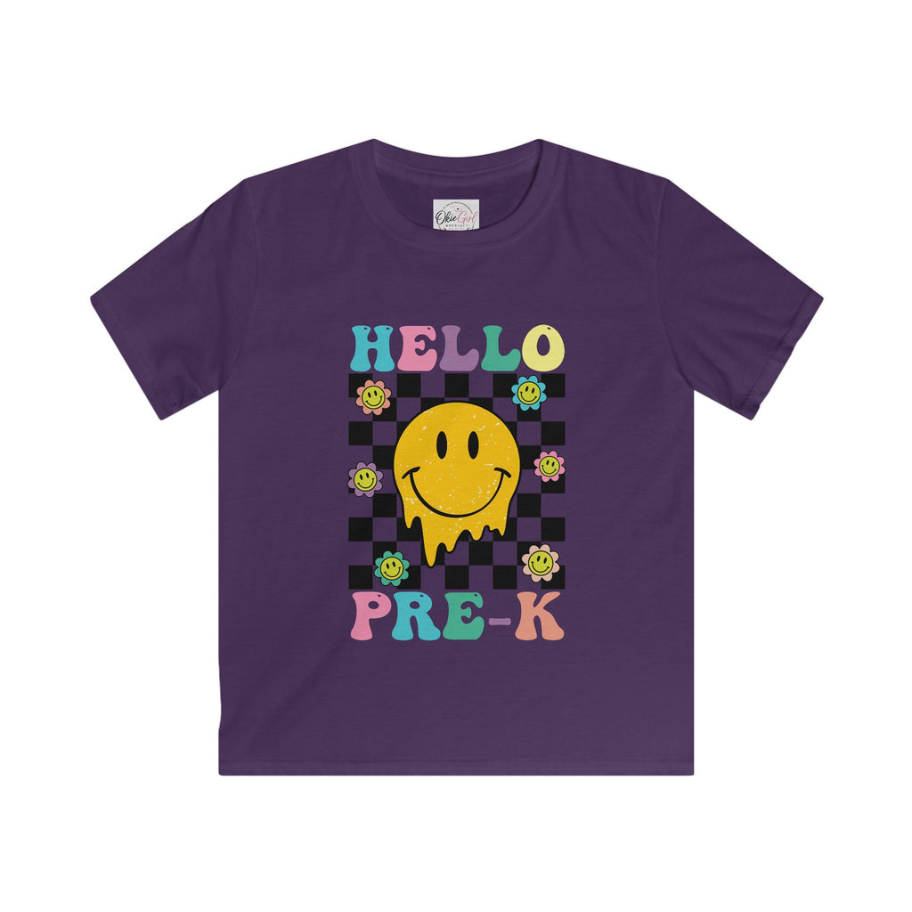 Hello Pre-K Kids T-Shirt — Colorful Smiley Checkerboard Preschool Tee