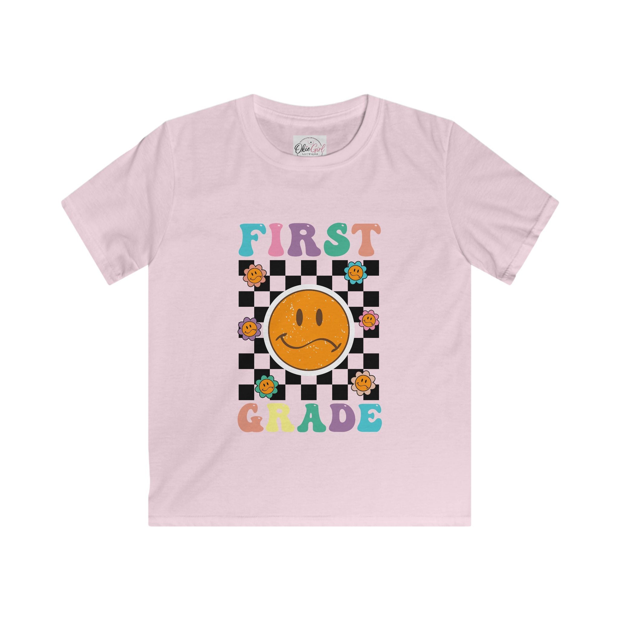 First Grade Kids T‑Shirt — Retro Checker Smiley Back to School Tee
