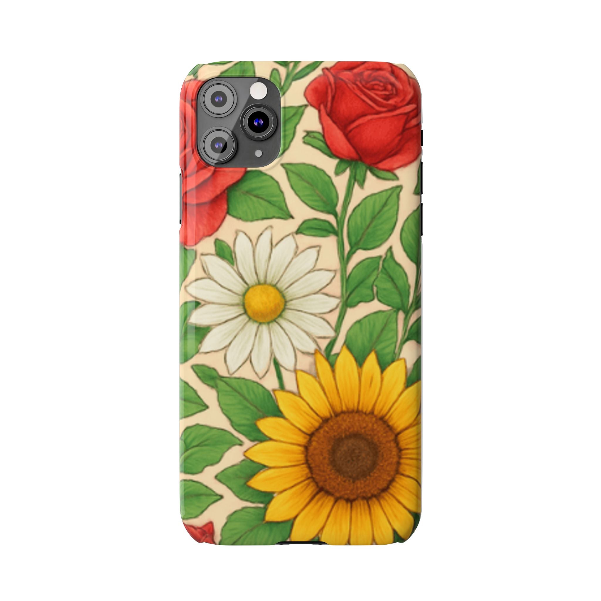 Floral Sunflower, Daisy & Rose Slim Phone Case — Vintage Botanical Pattern