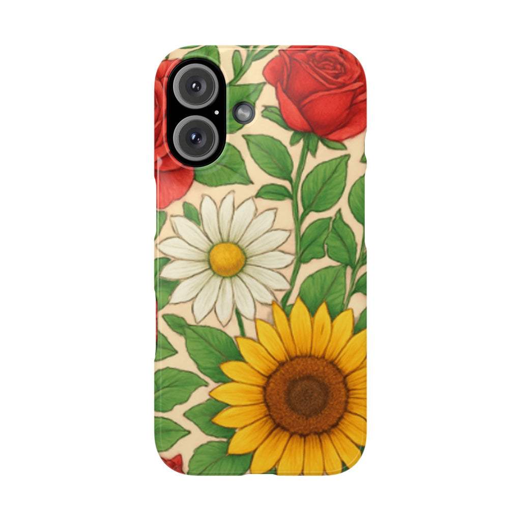 Floral Sunflower, Daisy & Rose Slim Phone Case — Vintage Botanical Pattern