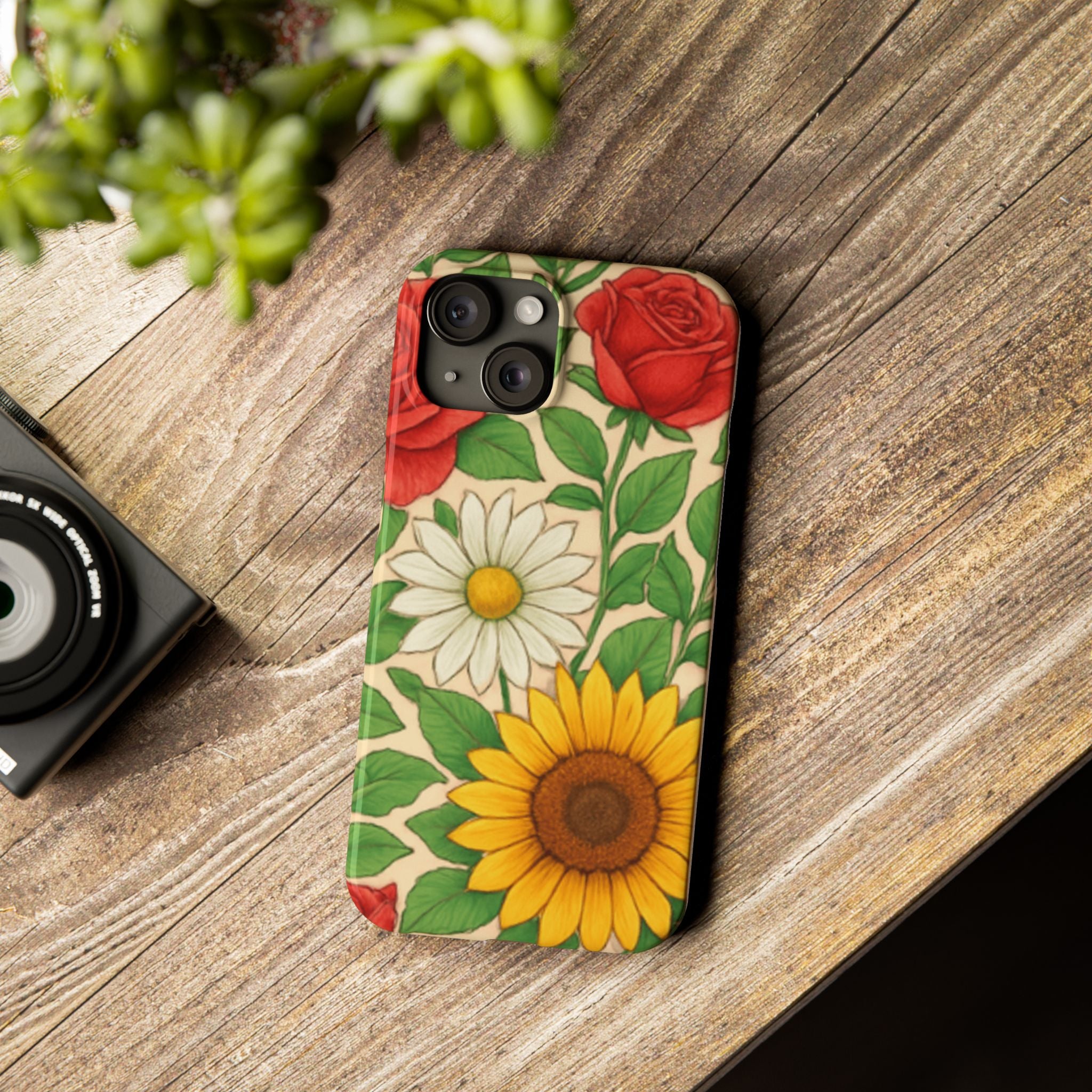 Floral Sunflower, Daisy & Rose Slim Phone Case — Vintage Botanical Pattern