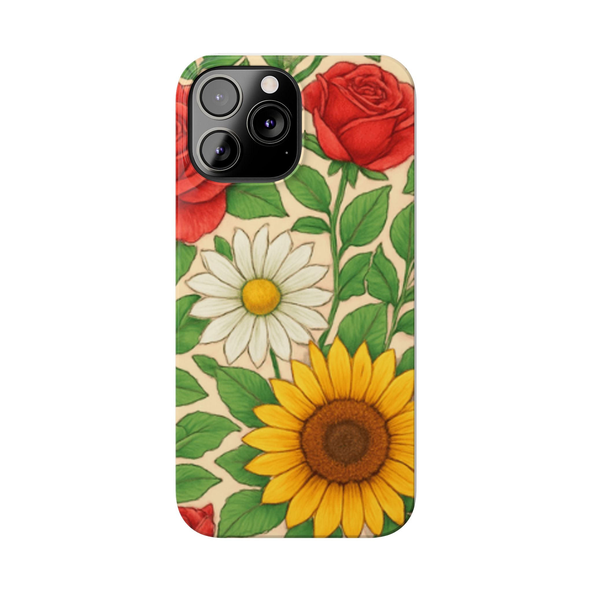 Floral Sunflower, Daisy & Rose Slim Phone Case — Vintage Botanical Pattern