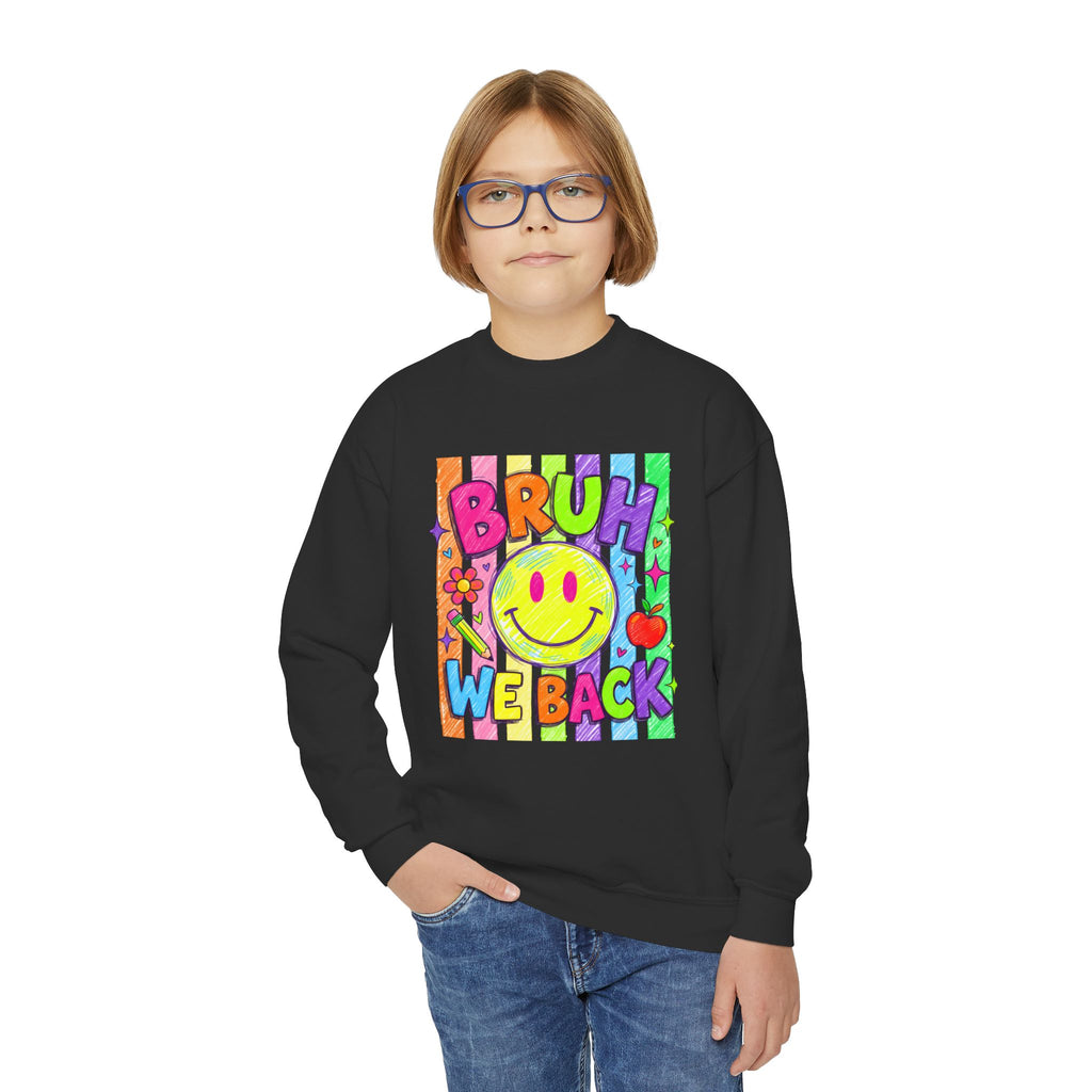 Youth Crewneck Sweatshirt — "Bruh We Back" Retro Smiley Graphic