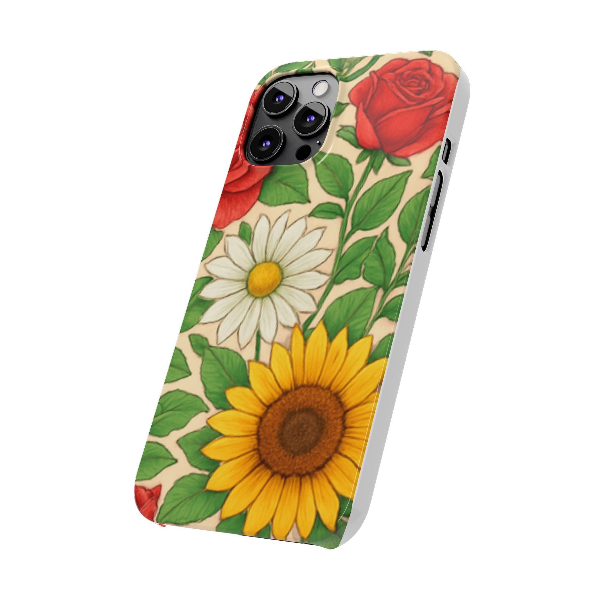 Floral Sunflower, Daisy & Rose Slim Phone Case — Vintage Botanical Pattern