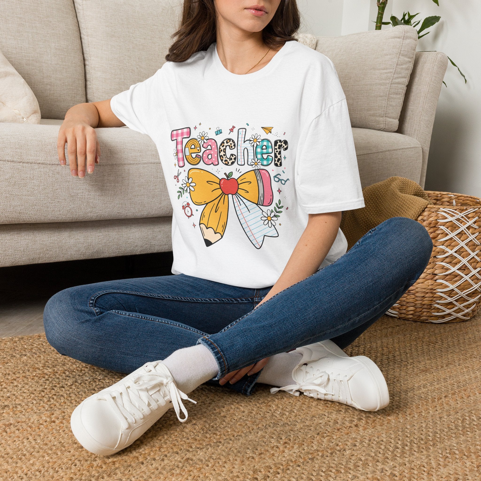 Teacher Cute Bow Graphic T-Shirt — Colorful School Appreciation Tee