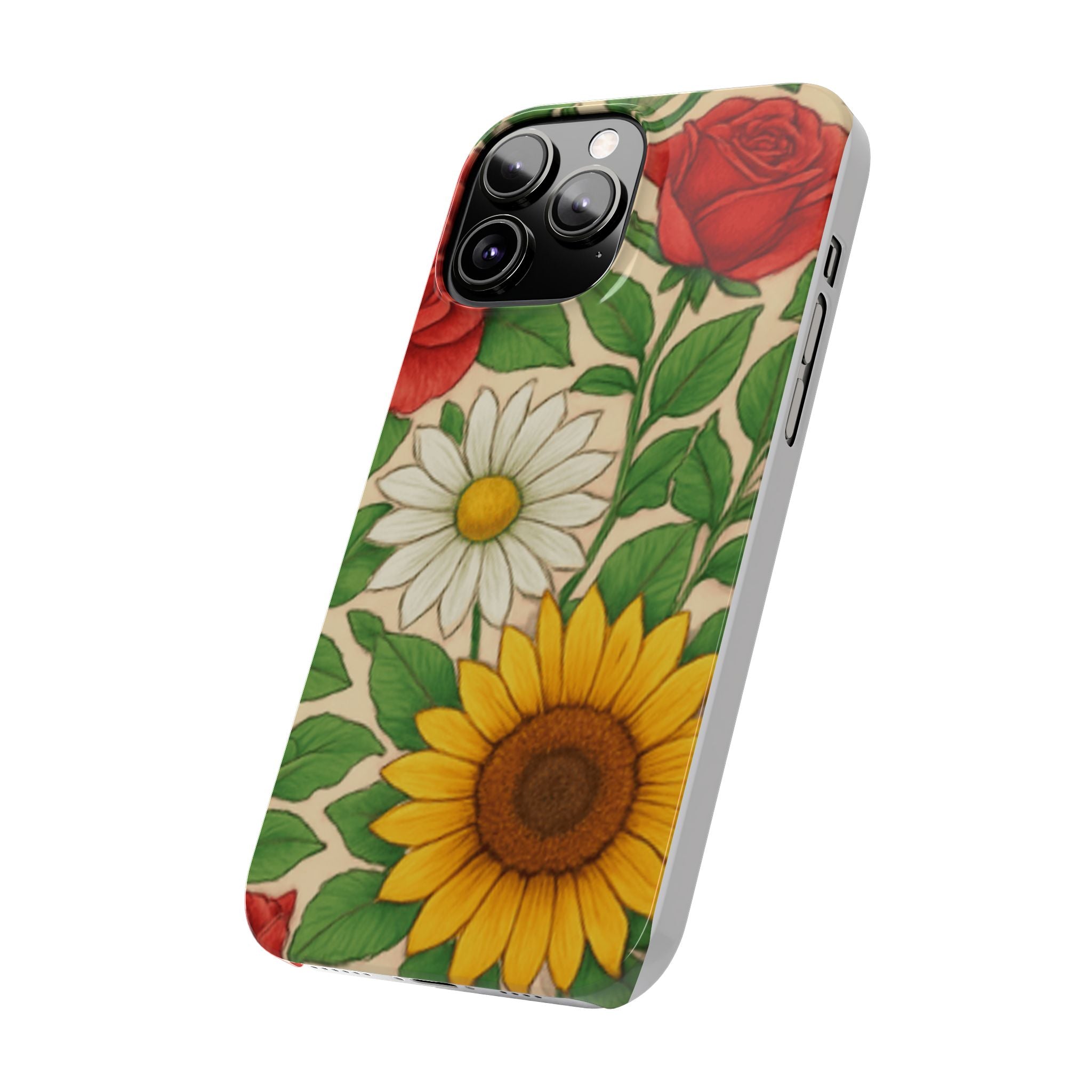 Floral Sunflower, Daisy & Rose Slim Phone Case — Vintage Botanical Pattern