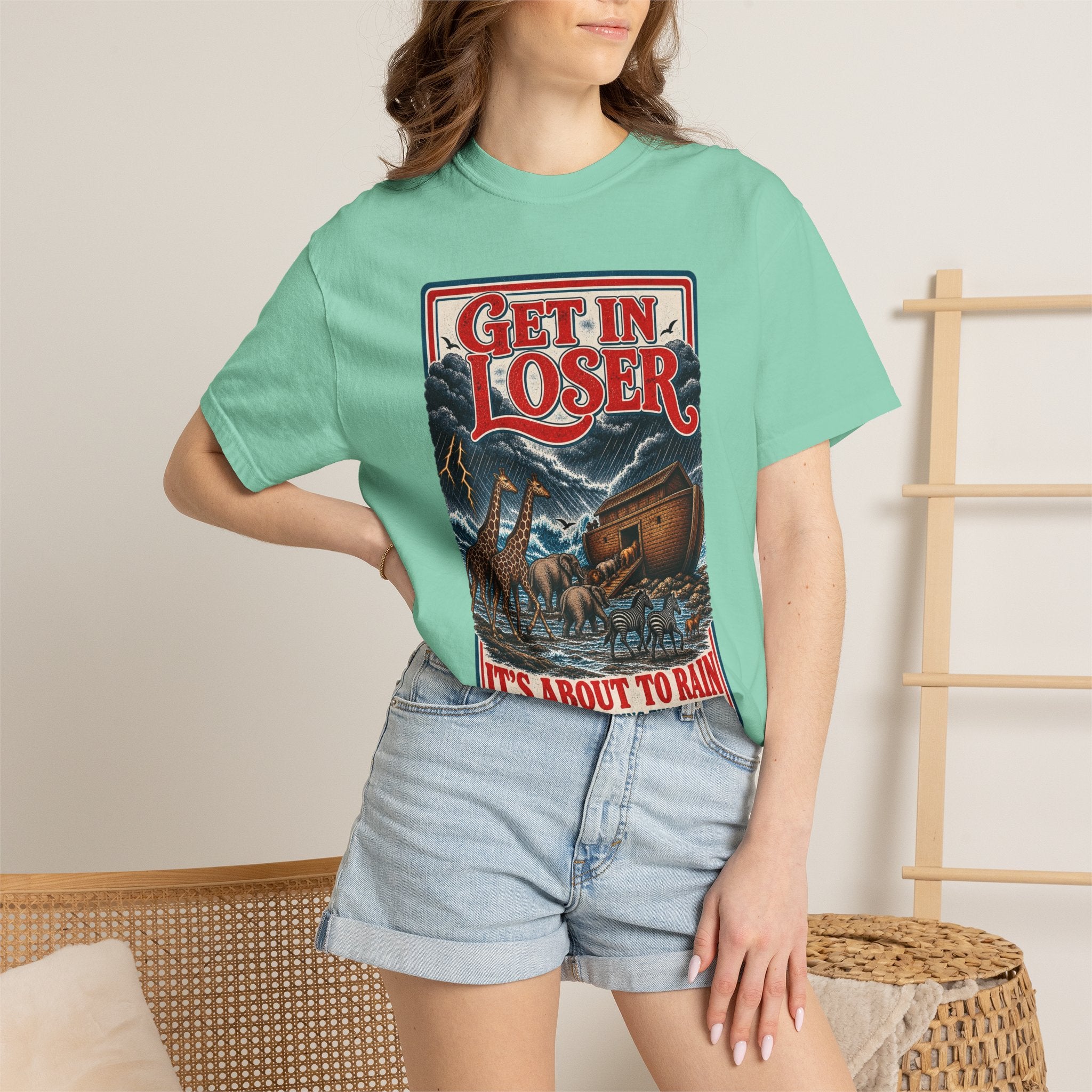 Get In Loser Noah's Ark Graphic T-Shirt — "It's About to Rain" Vintage Rescue Tee
