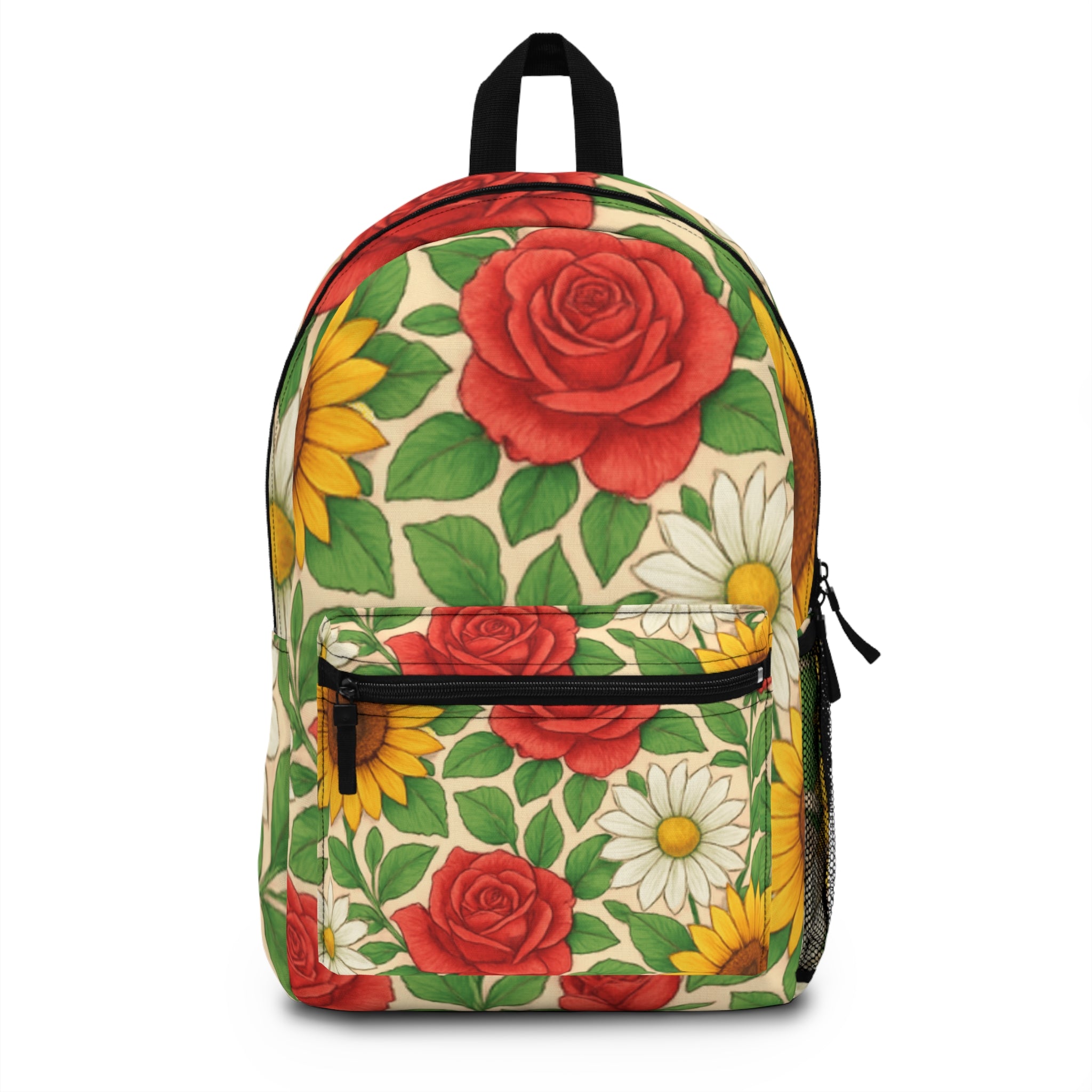 Floral Vintage Rose, Sunflower & Daisy Backpack — Colorful Garden Print School Bag