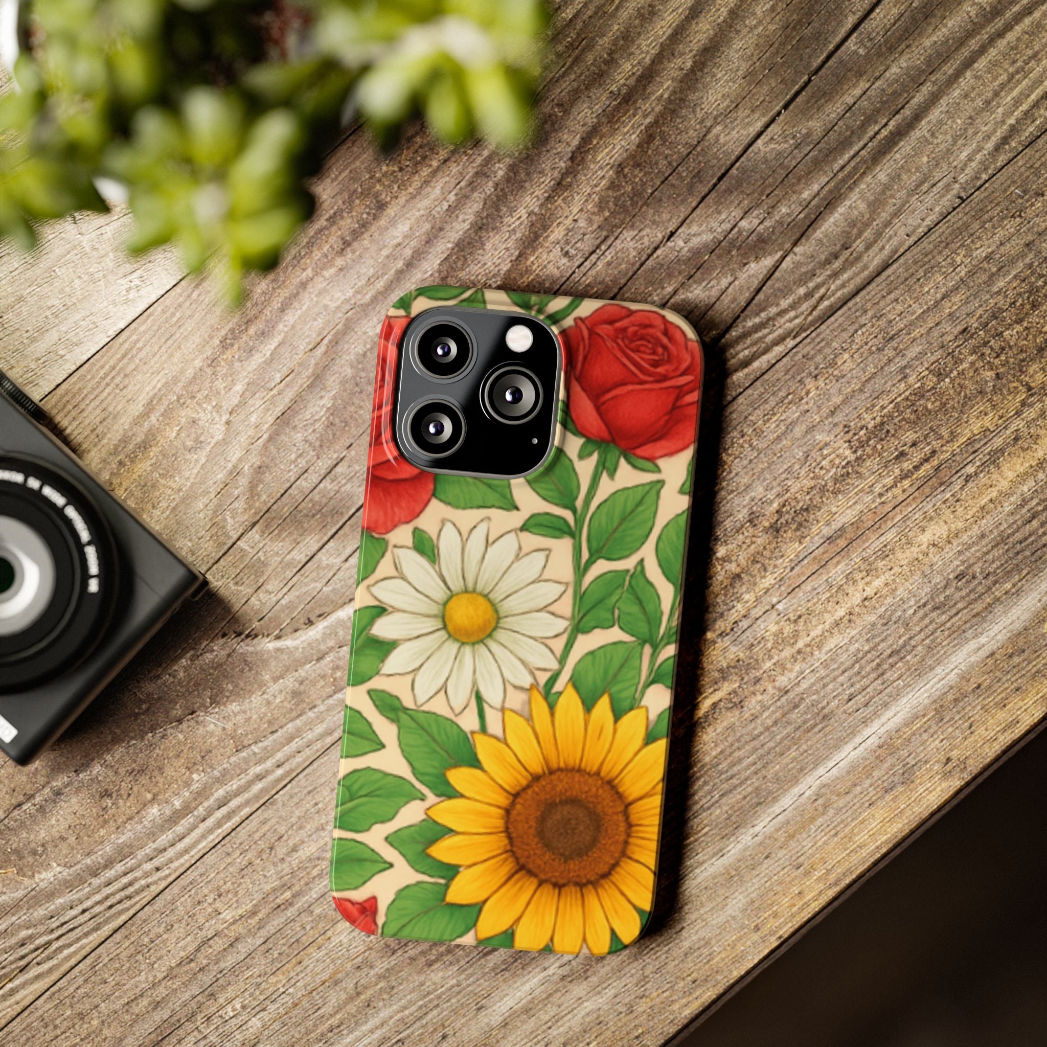 Floral Sunflower, Daisy & Rose Slim Phone Case — Vintage Botanical Pattern