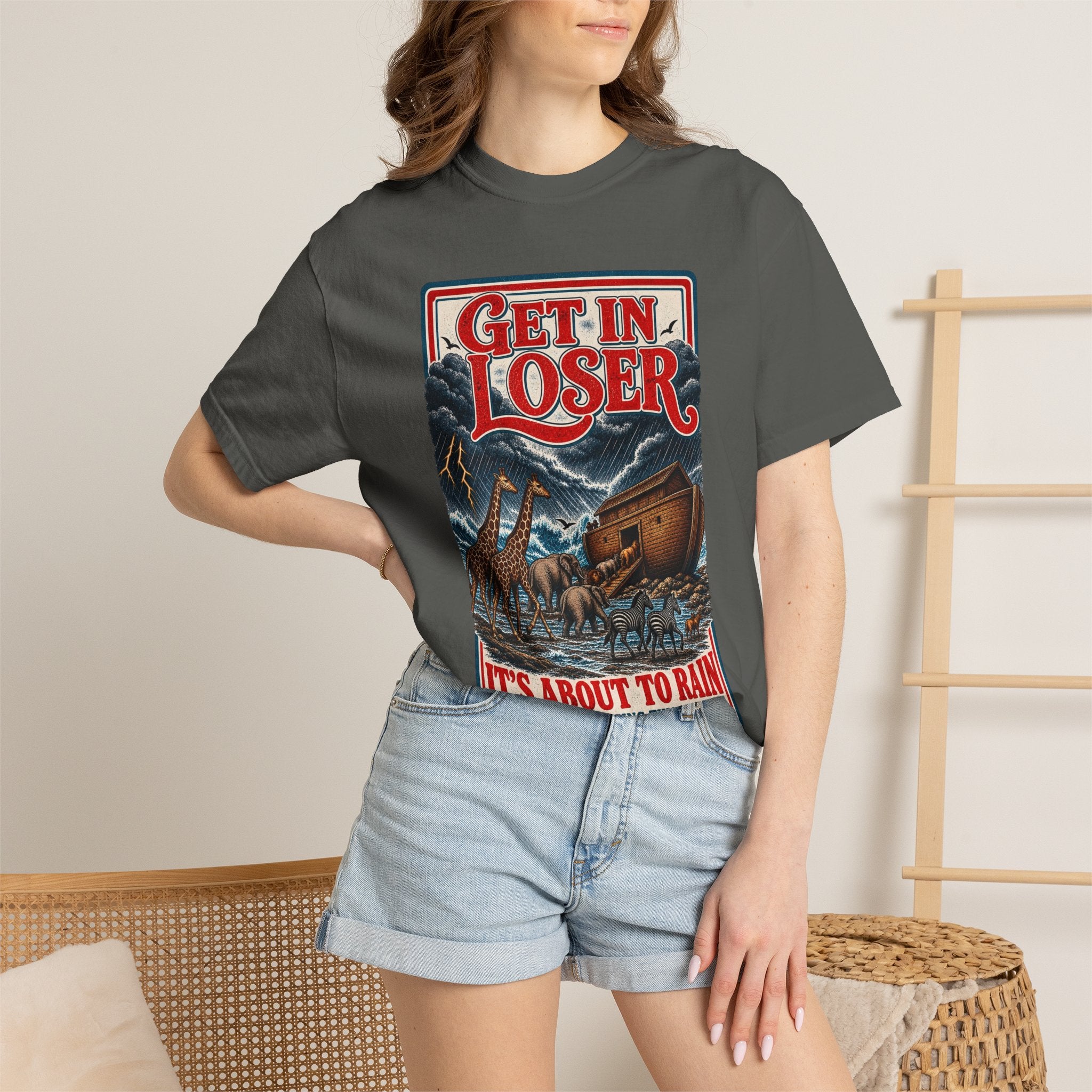 Get In Loser Noah's Ark Graphic T-Shirt — "It's About to Rain" Vintage Rescue Tee
