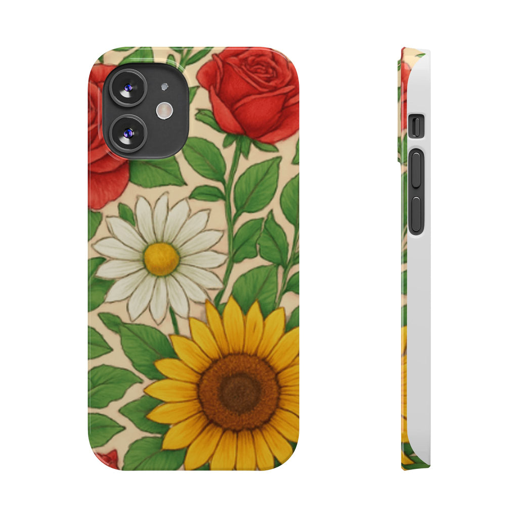 Floral Sunflower, Daisy & Rose Slim Phone Case — Vintage Botanical Pattern