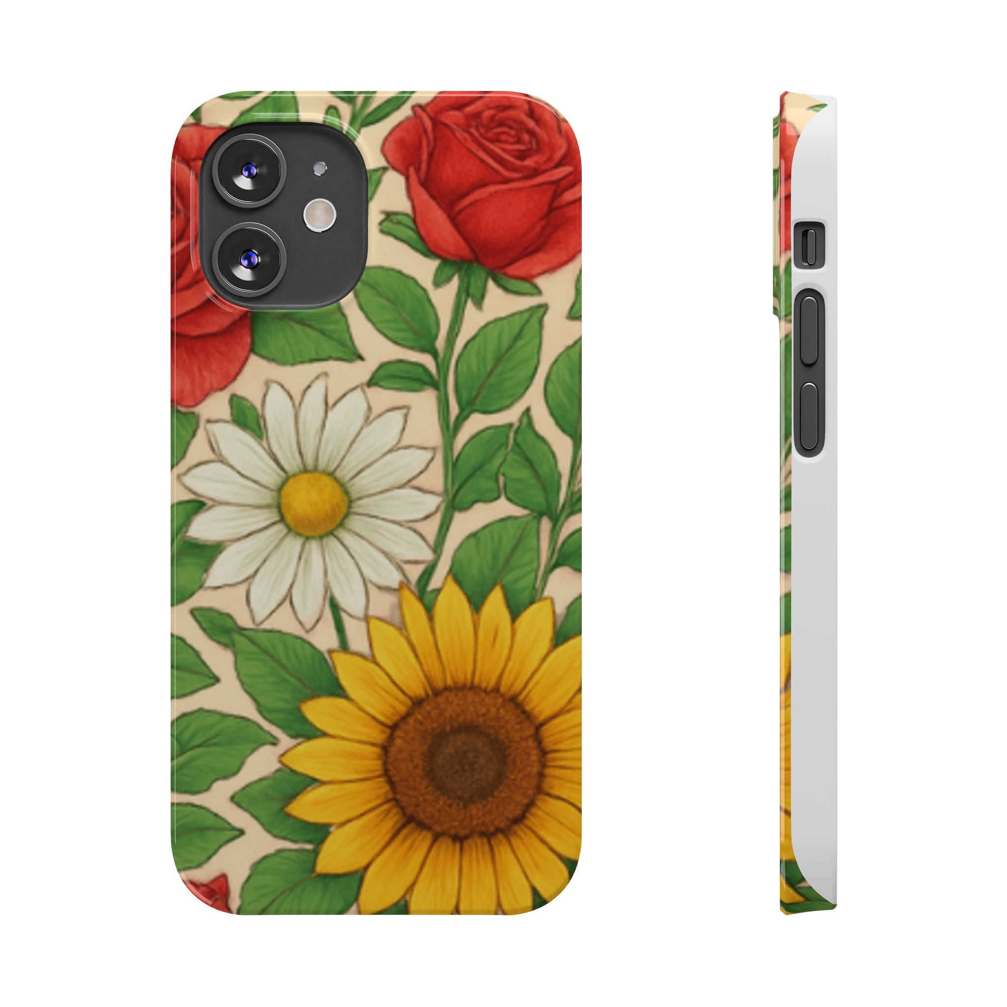 Floral Sunflower, Daisy & Rose Slim Phone Case — Vintage Botanical Pattern