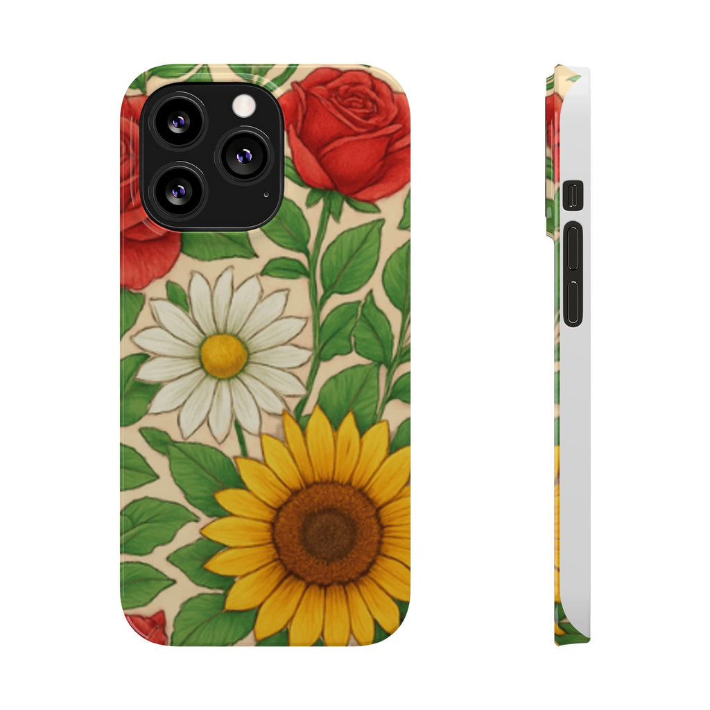 Floral Sunflower, Daisy & Rose Slim Phone Case — Vintage Botanical Pattern