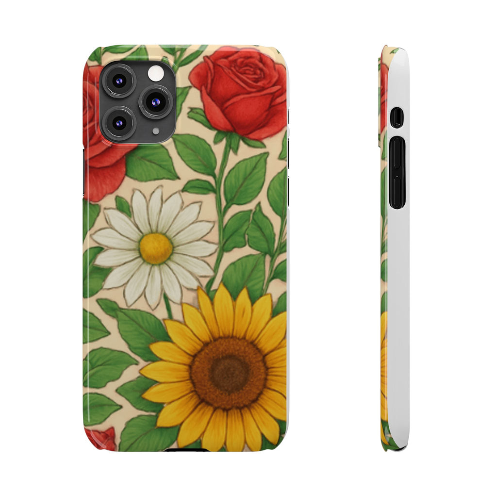 Floral Sunflower, Daisy & Rose Slim Phone Case — Vintage Botanical Pattern