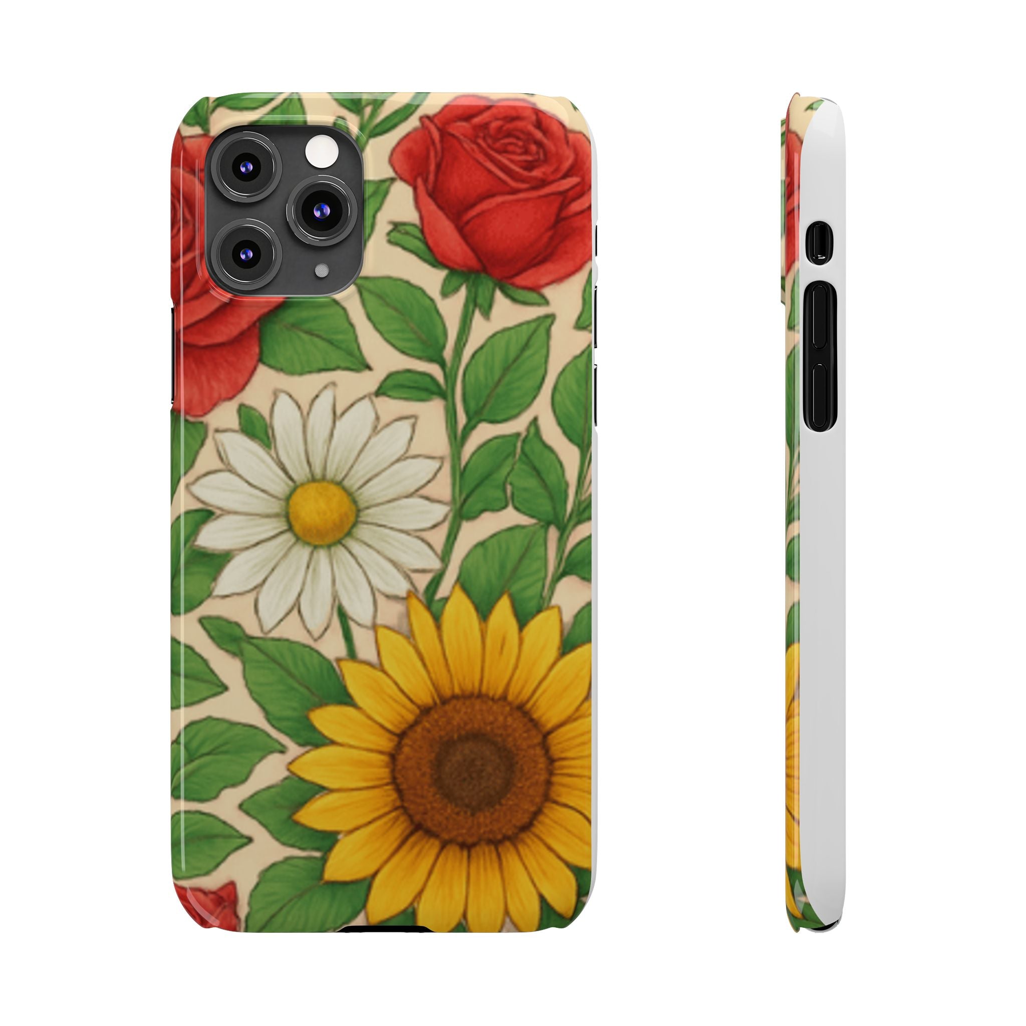 Floral Sunflower, Daisy & Rose Slim Phone Case — Vintage Botanical Pattern