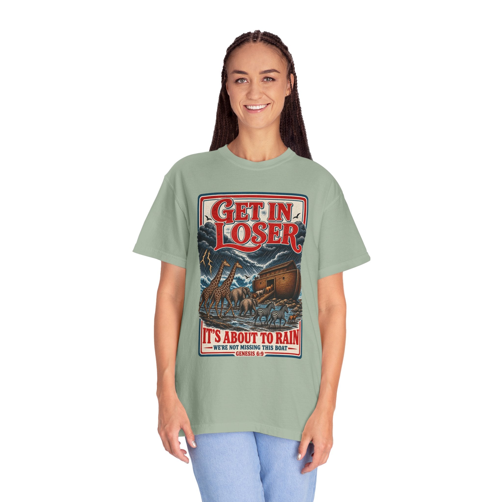 Get In Loser Noah's Ark Graphic T-Shirt — "It's About to Rain" Vintage Rescue Tee