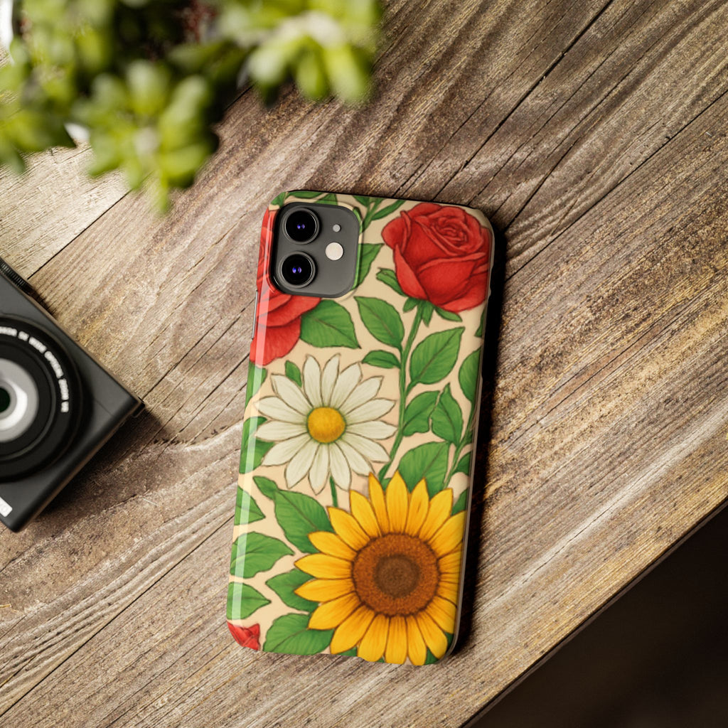 Floral Sunflower, Daisy & Rose Slim Phone Case — Vintage Botanical Pattern