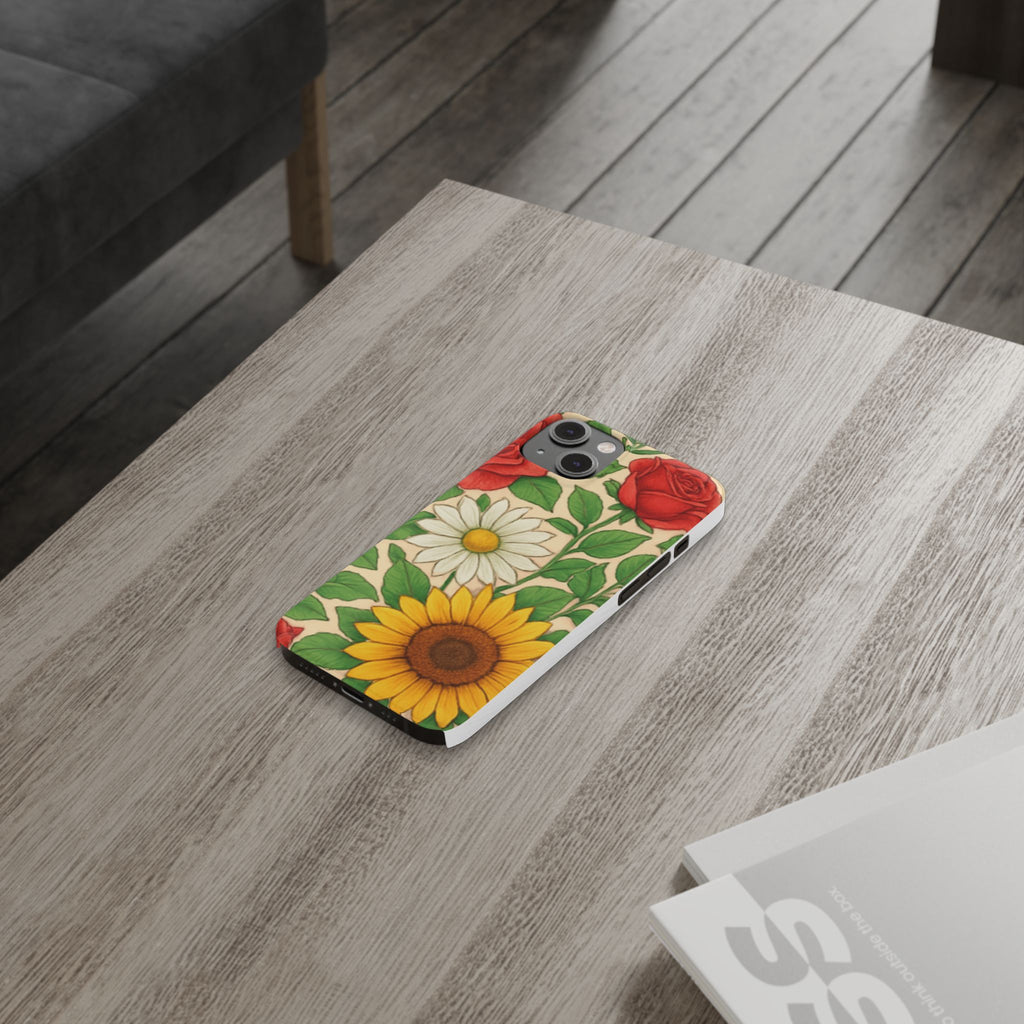 Floral Sunflower, Daisy & Rose Slim Phone Case — Vintage Botanical Pattern