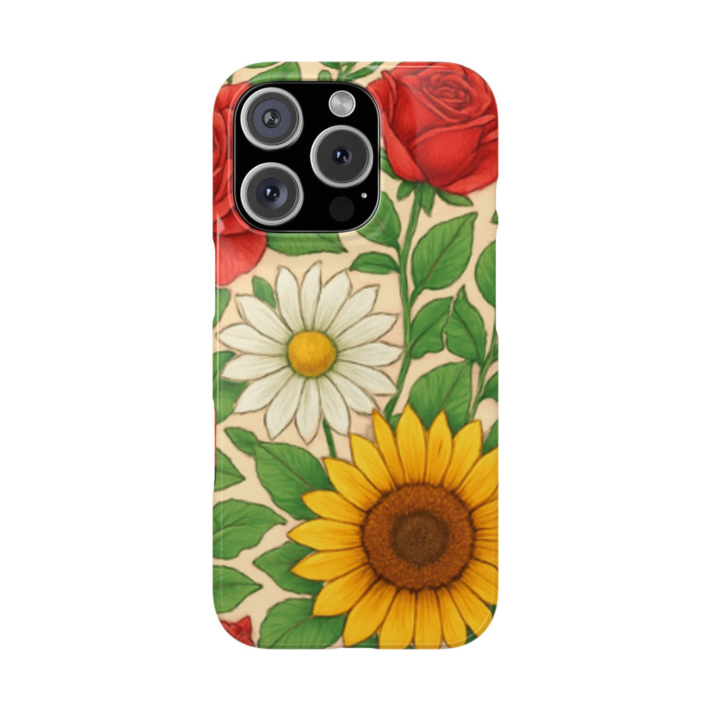 Floral Sunflower, Daisy & Rose Slim Phone Case — Vintage Botanical Pattern