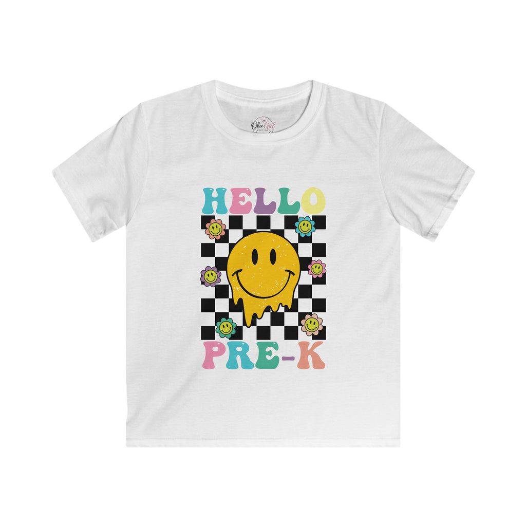 Hello Pre-K Kids T-Shirt — Colorful Smiley Checkerboard Preschool Tee