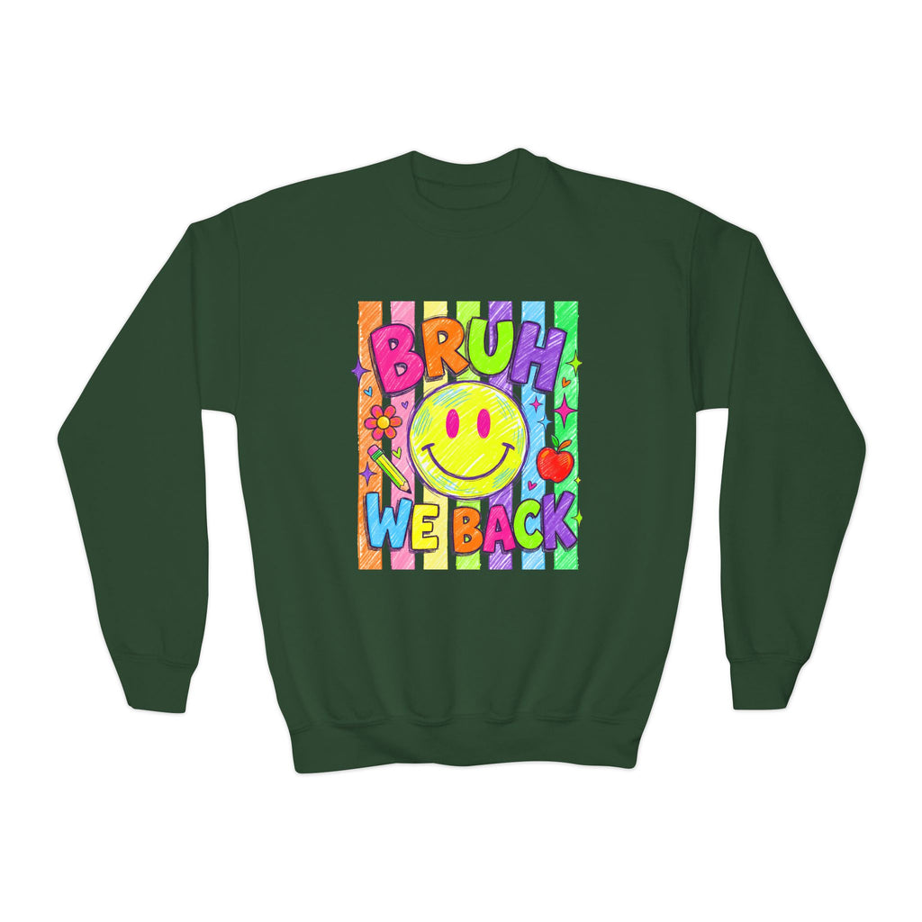 Youth Crewneck Sweatshirt — "Bruh We Back" Retro Smiley Graphic