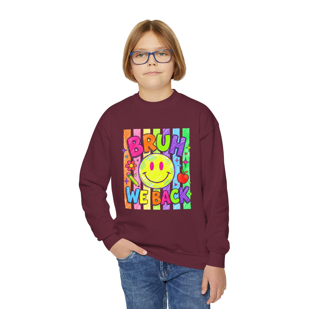 Youth Crewneck Sweatshirt — "Bruh We Back" Retro Smiley Graphic