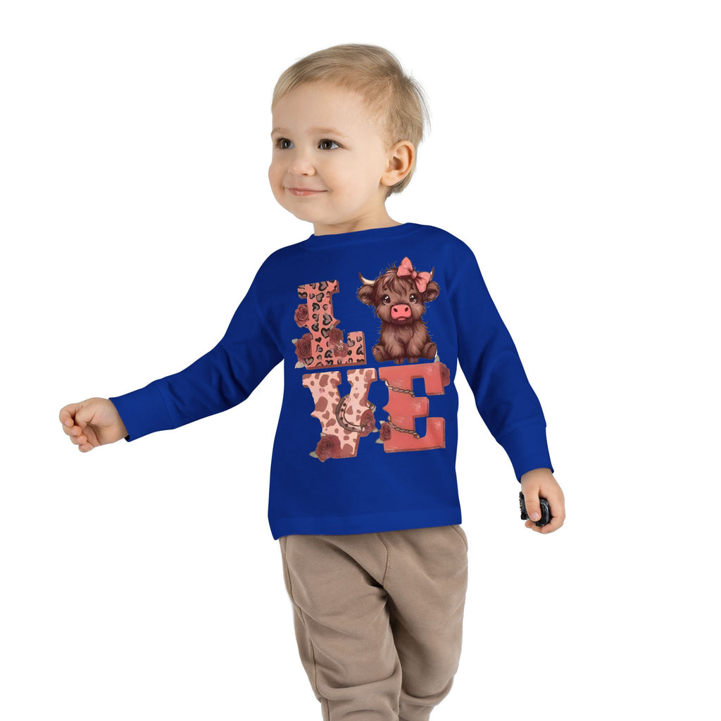 Love Cow Toddler Long Sleeve Tee — Cute Farm Animal Heart Design
