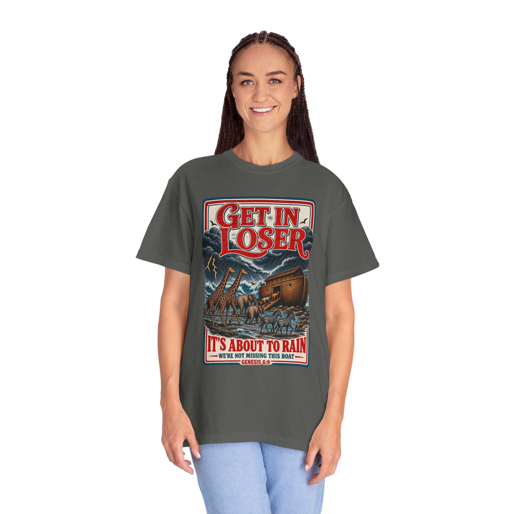 Get In Loser Noah's Ark Graphic T-Shirt — "It's About to Rain" Vintage Rescue Tee