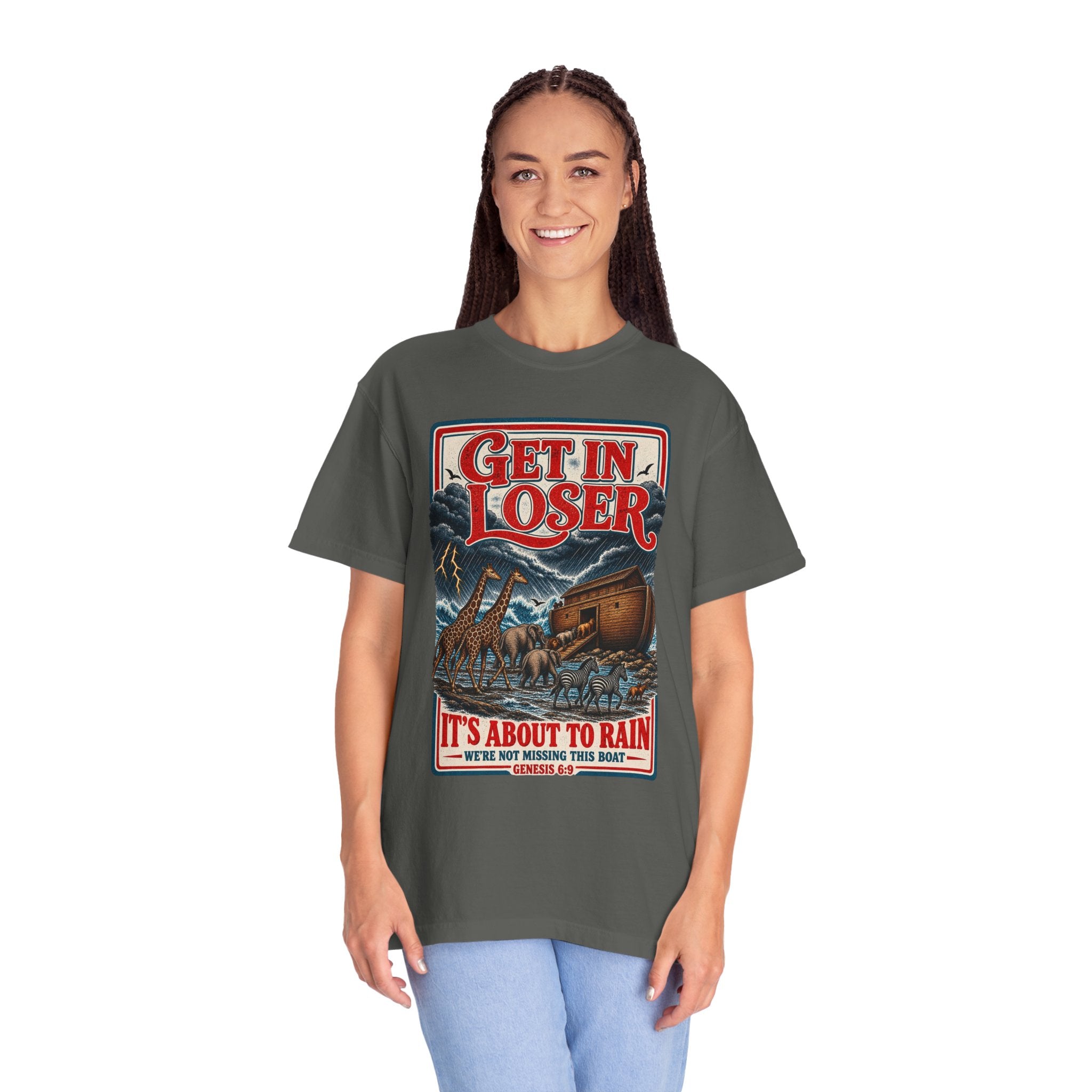 Get In Loser Noah's Ark Graphic T-Shirt — "It's About to Rain" Vintage Rescue Tee