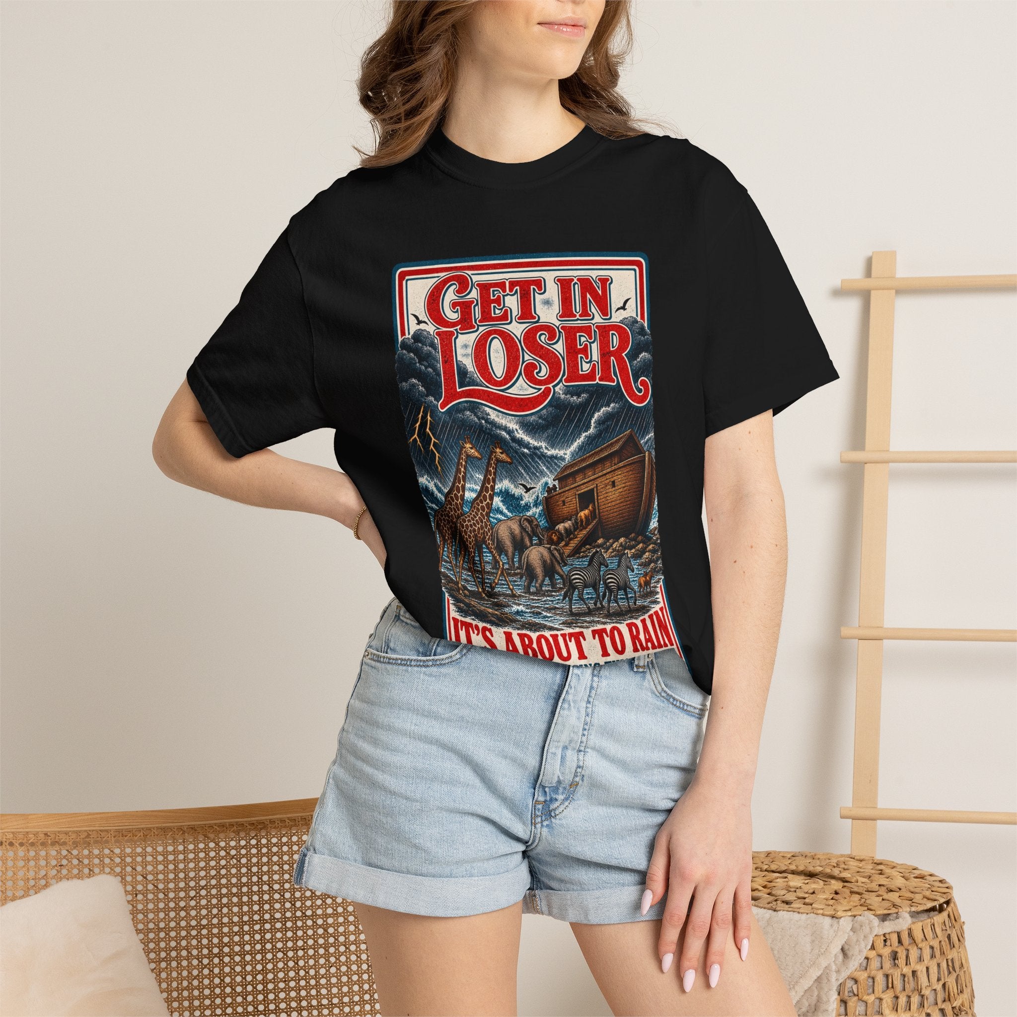 Get In Loser Noah's Ark Graphic T-Shirt — "It's About to Rain" Vintage Rescue Tee