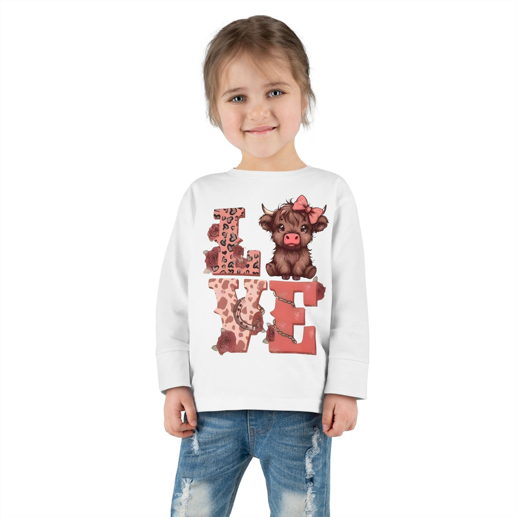 Love Cow Toddler Long Sleeve Tee — Cute Farm Animal Heart Design